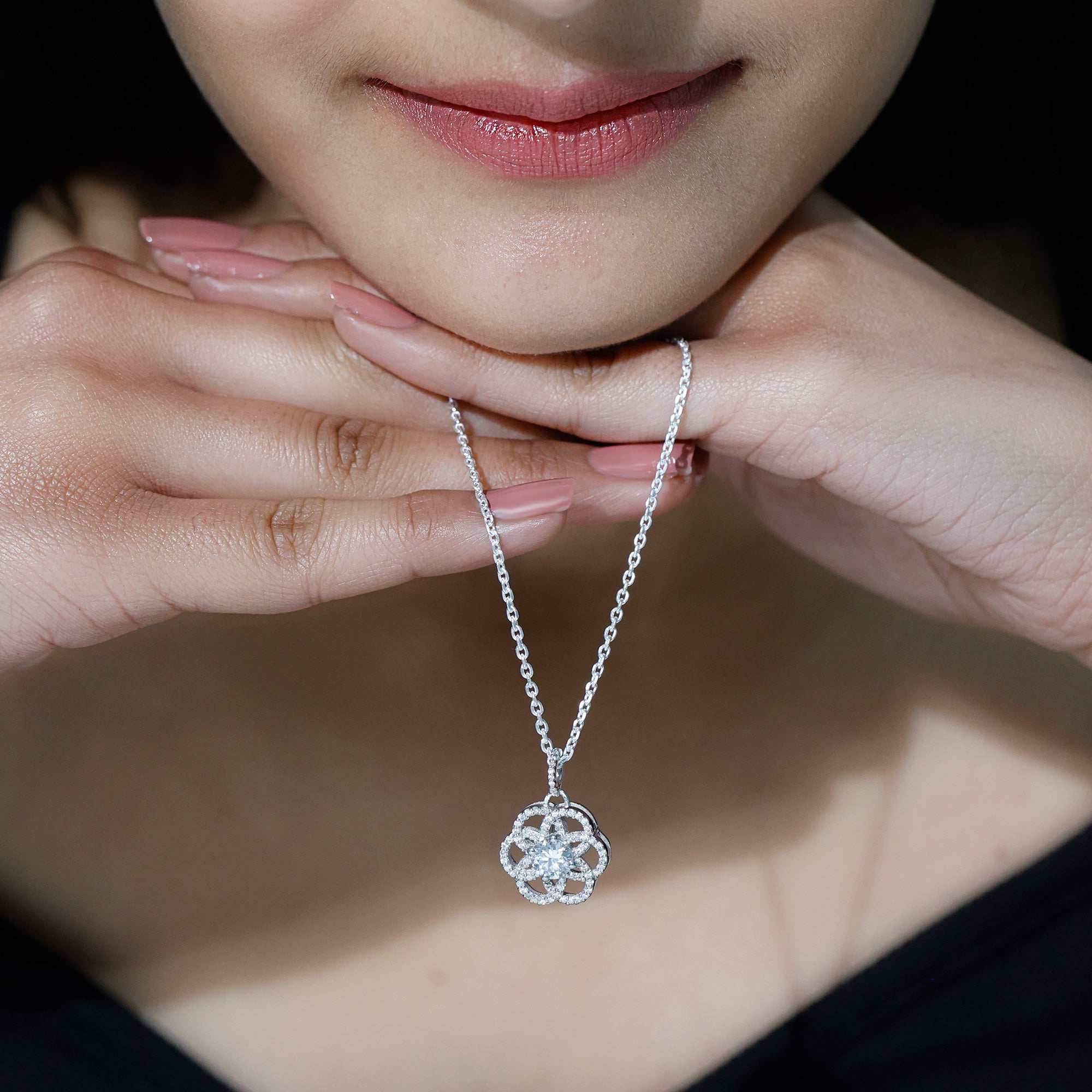 Lab 6 MM Round Diamond Flower Bridal Necklace Lab - ( EF-VS ) - Rosec Jewels