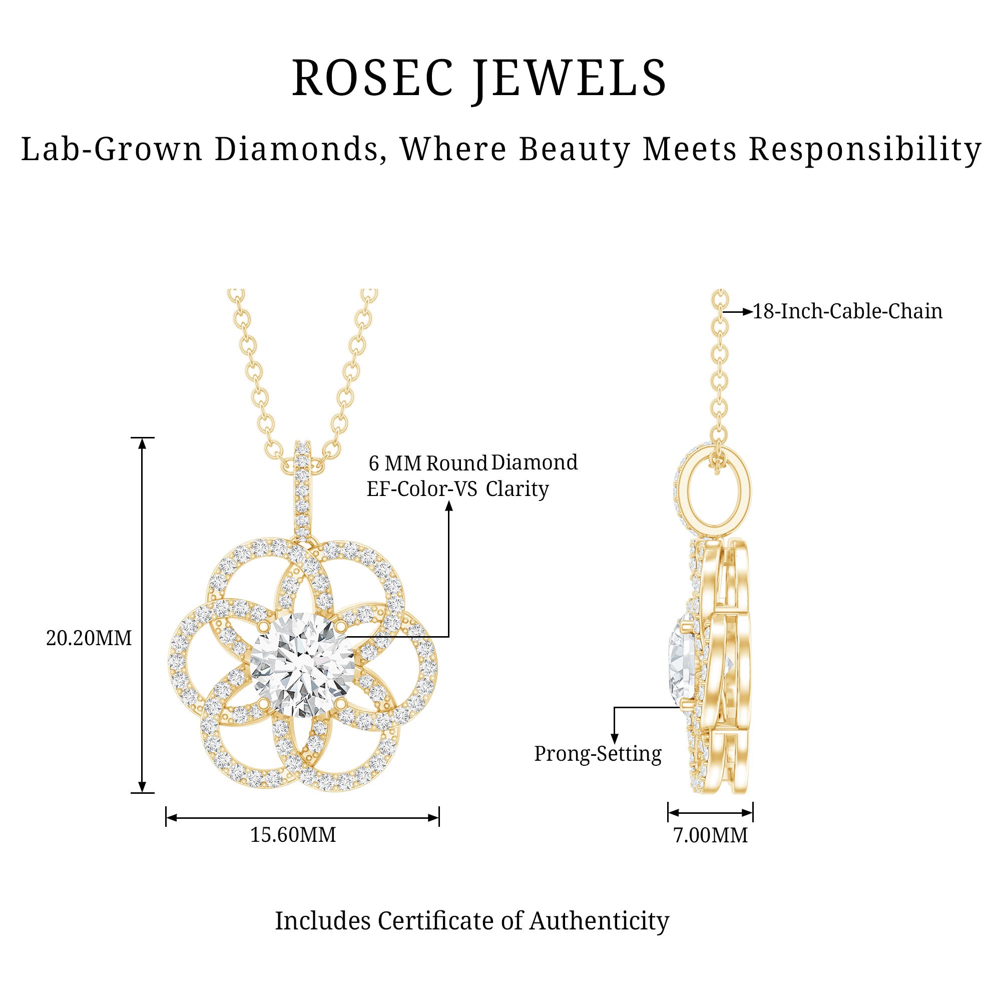 Lab 6 MM Round Diamond Flower Bridal Necklace Lab - ( EF-VS ) - Rosec Jewels