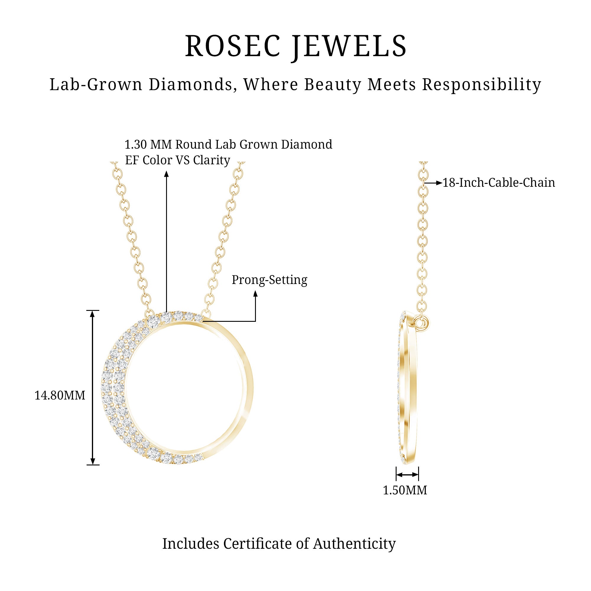 Pave Set Lab Grown Diamond Open Circle Pendant Necklace Lab - ( EF-VS ) - Rosec Jewels