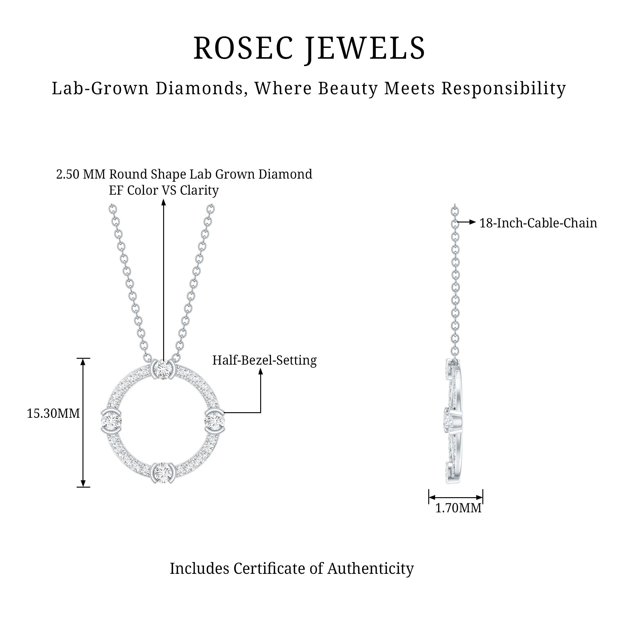 Certified Lab Grown Diamond Half Bezel Set Open Circle Necklace Lab - ( EF-VS ) - Rosec Jewels