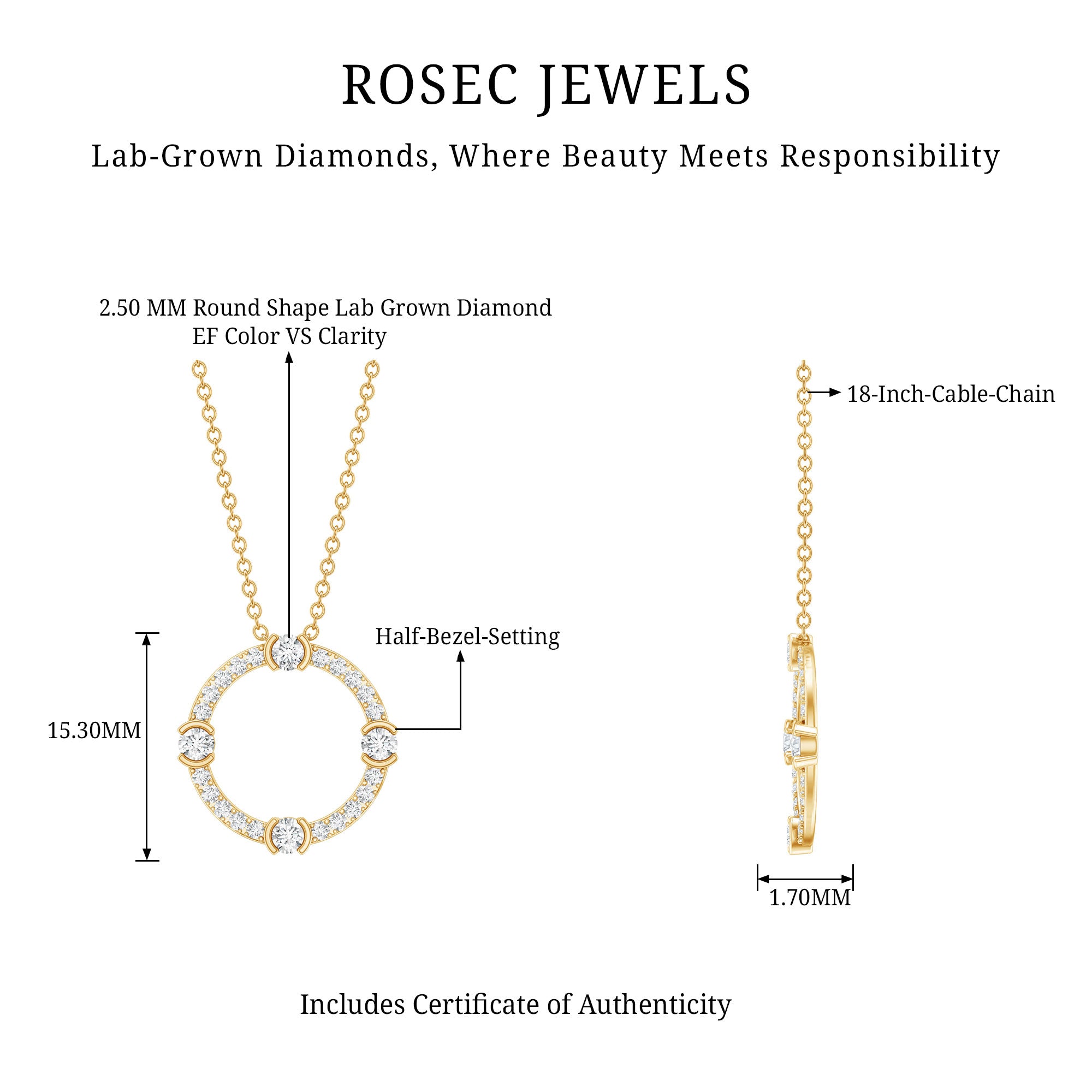 Certified Lab Grown Diamond Half Bezel Set Open Circle Necklace Lab - ( EF-VS ) - Rosec Jewels