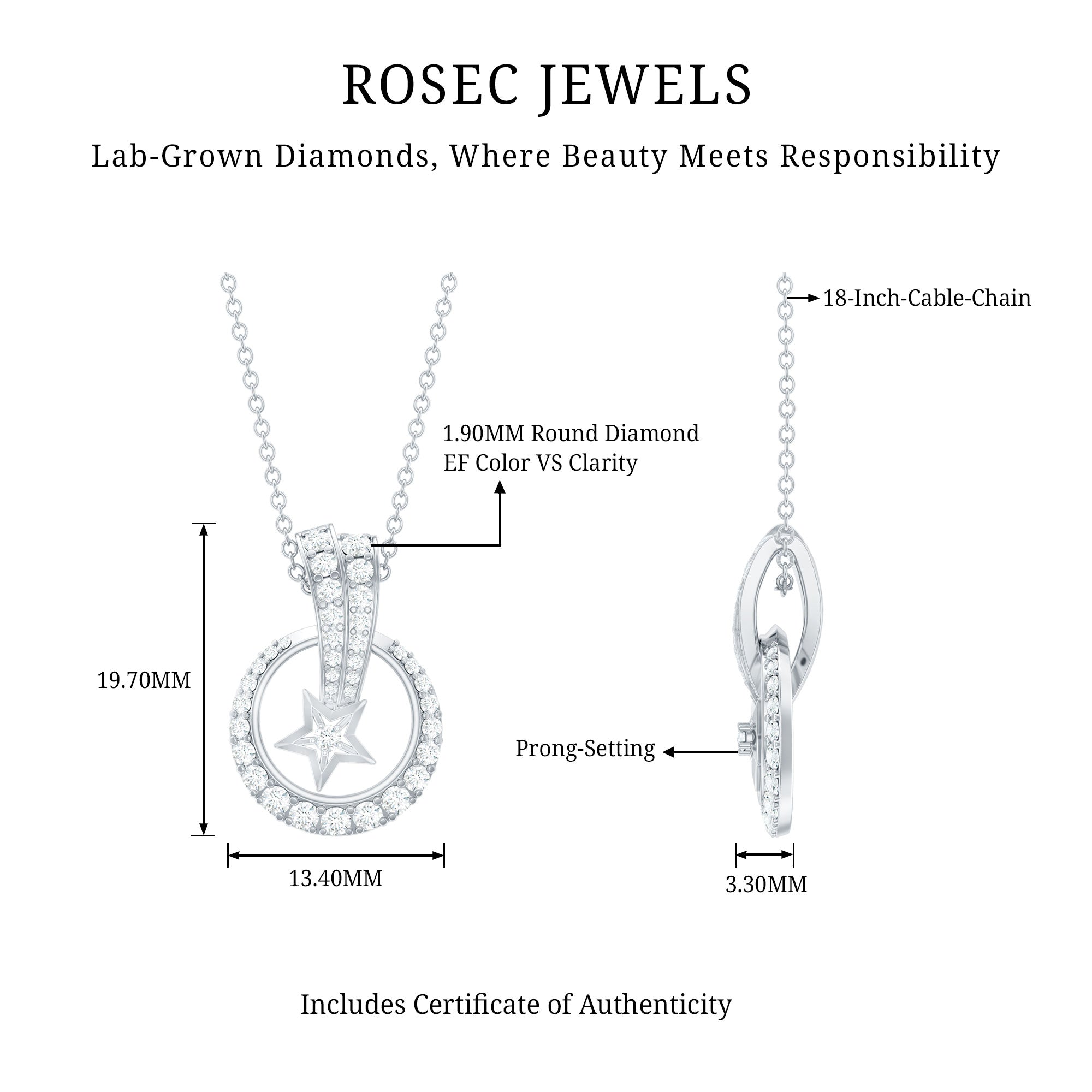 Lab Grown Diamond Star Circle Necklace With Decorated Bail Lab - ( EF-VS ) - Rosec Jewels