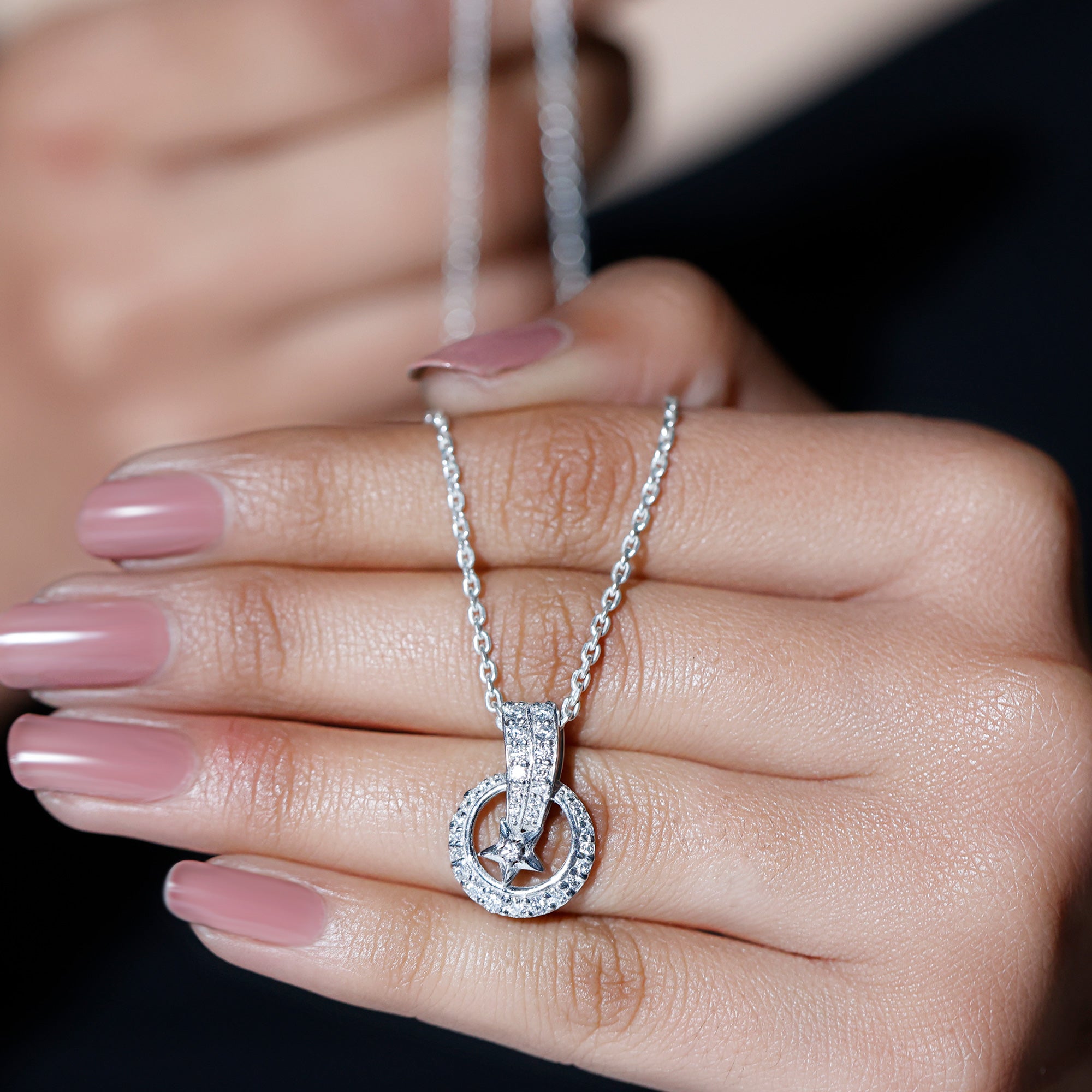 Lab Grown Diamond Star Circle Necklace With Decorated Bail Lab - ( EF-VS ) - Rosec Jewels