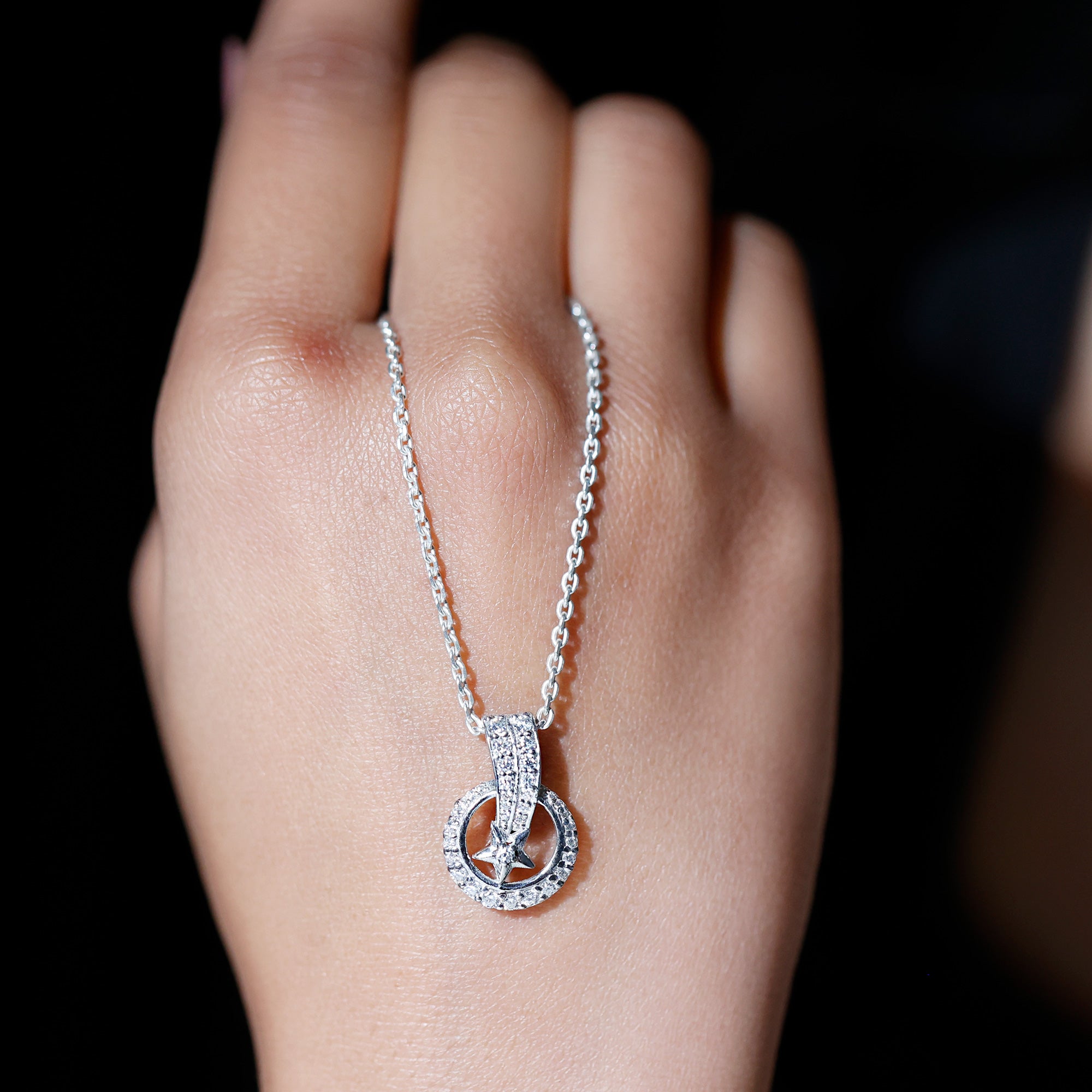 Lab Grown Diamond Star Circle Necklace With Decorated Bail Lab - ( EF-VS ) - Rosec Jewels