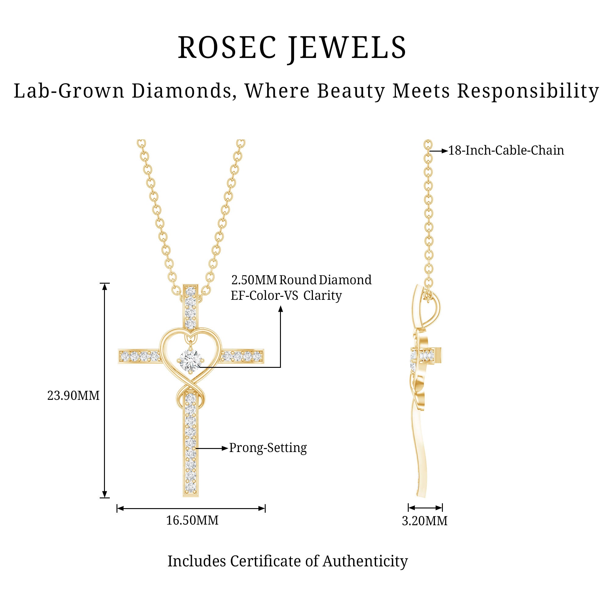Certified Lab Grown Diamond Cross Heart Necklace Lab - ( EF-VS ) - Rosec Jewels