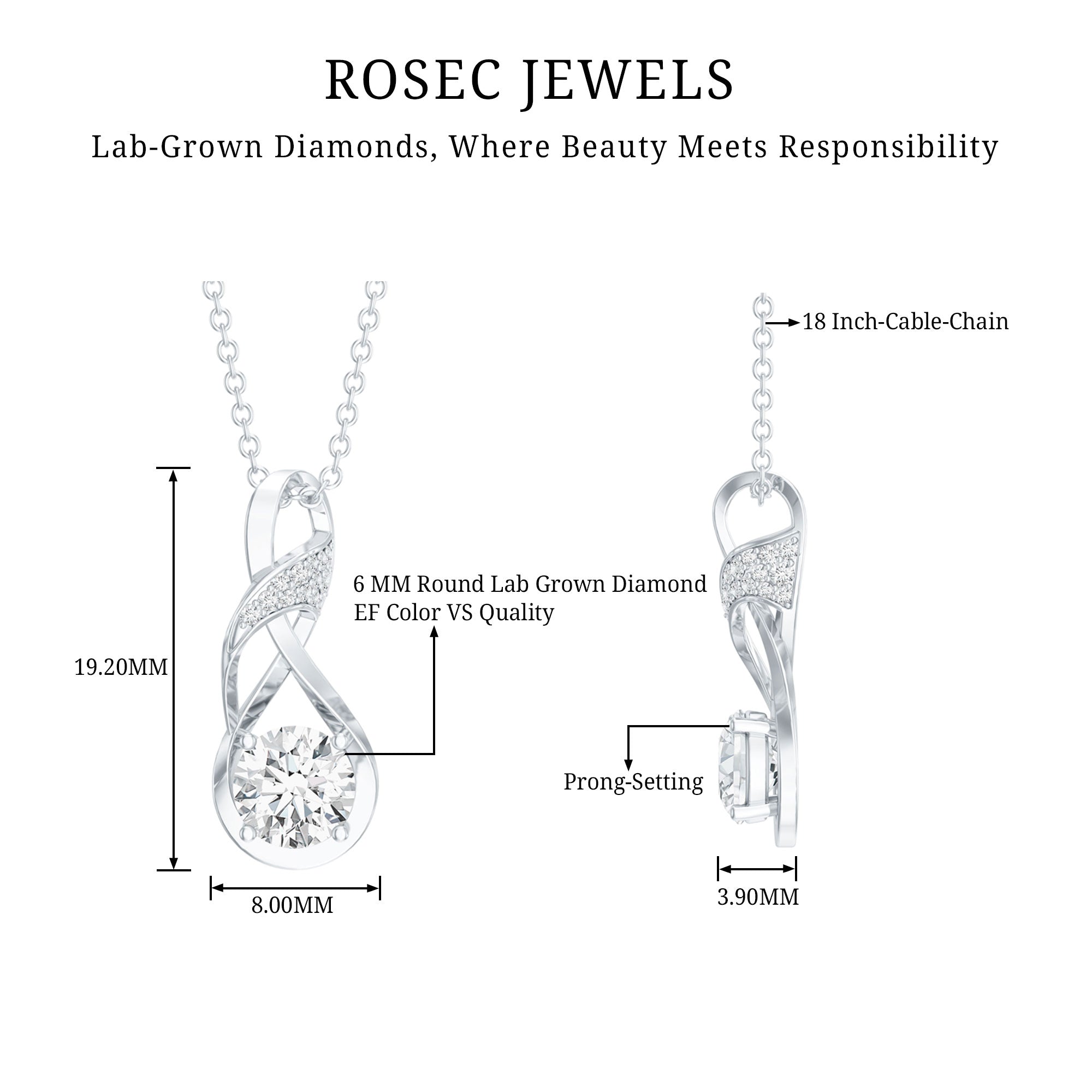 Certified Lab 6 MM Round Diamond Infinity Pendant Necklace Lab - ( EF-VS ) - Rosec Jewels
