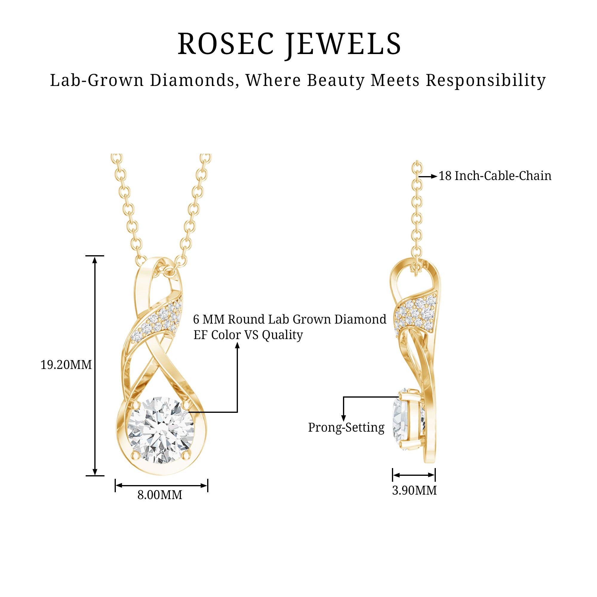 Certified Lab 6 MM Round Diamond Infinity Pendant Necklace Lab - ( EF-VS ) - Rosec Jewels
