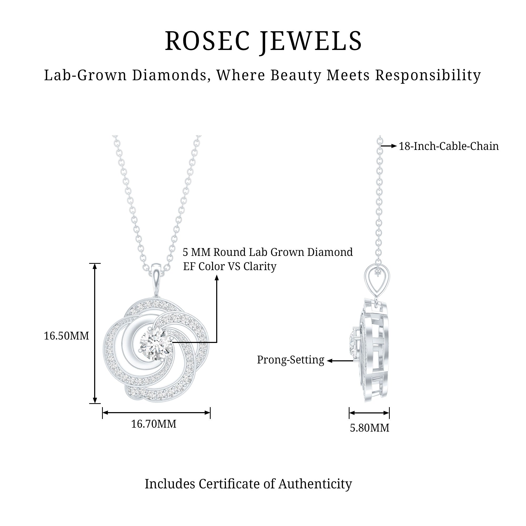 Lab Grown Diamond Prong Set Flower Pendant Necklace Lab - ( EF-VS ) - Rosec Jewels