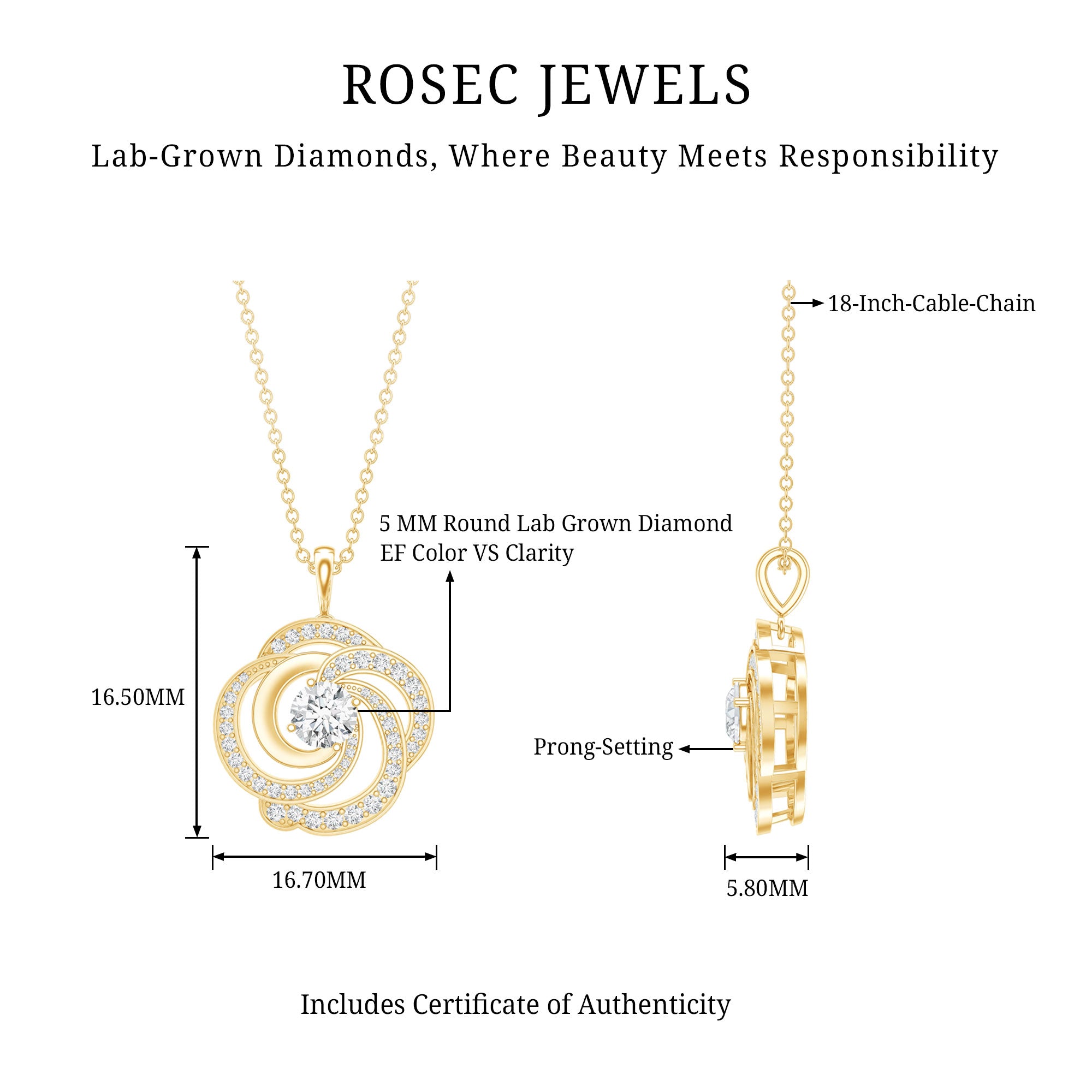 Lab Grown Diamond Prong Set Flower Pendant Necklace Lab - ( EF-VS ) - Rosec Jewels