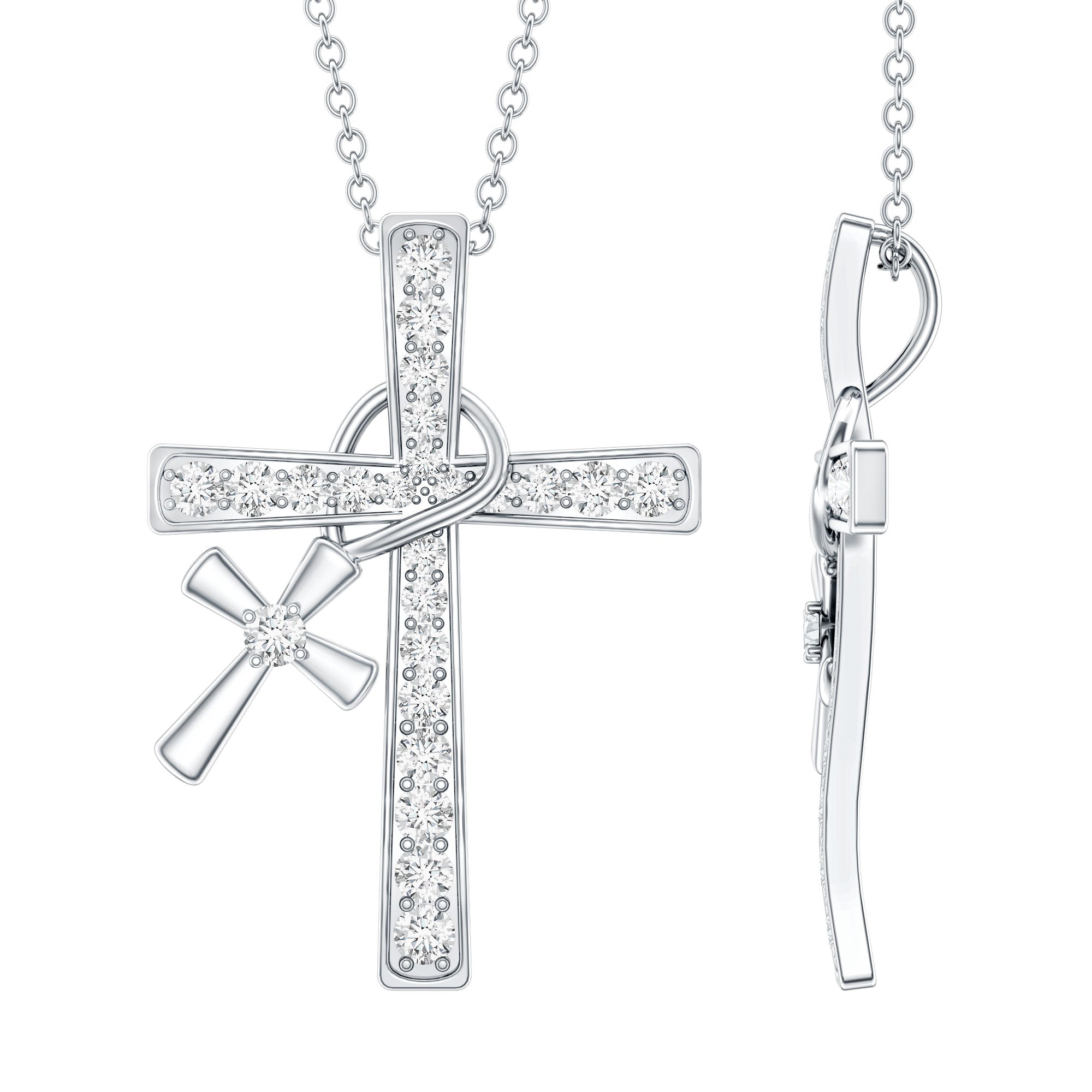 Pave Set Lab Grown Diamond Double Cross Charm Necklace Lab - ( EF-VS ) - Rosec Jewels