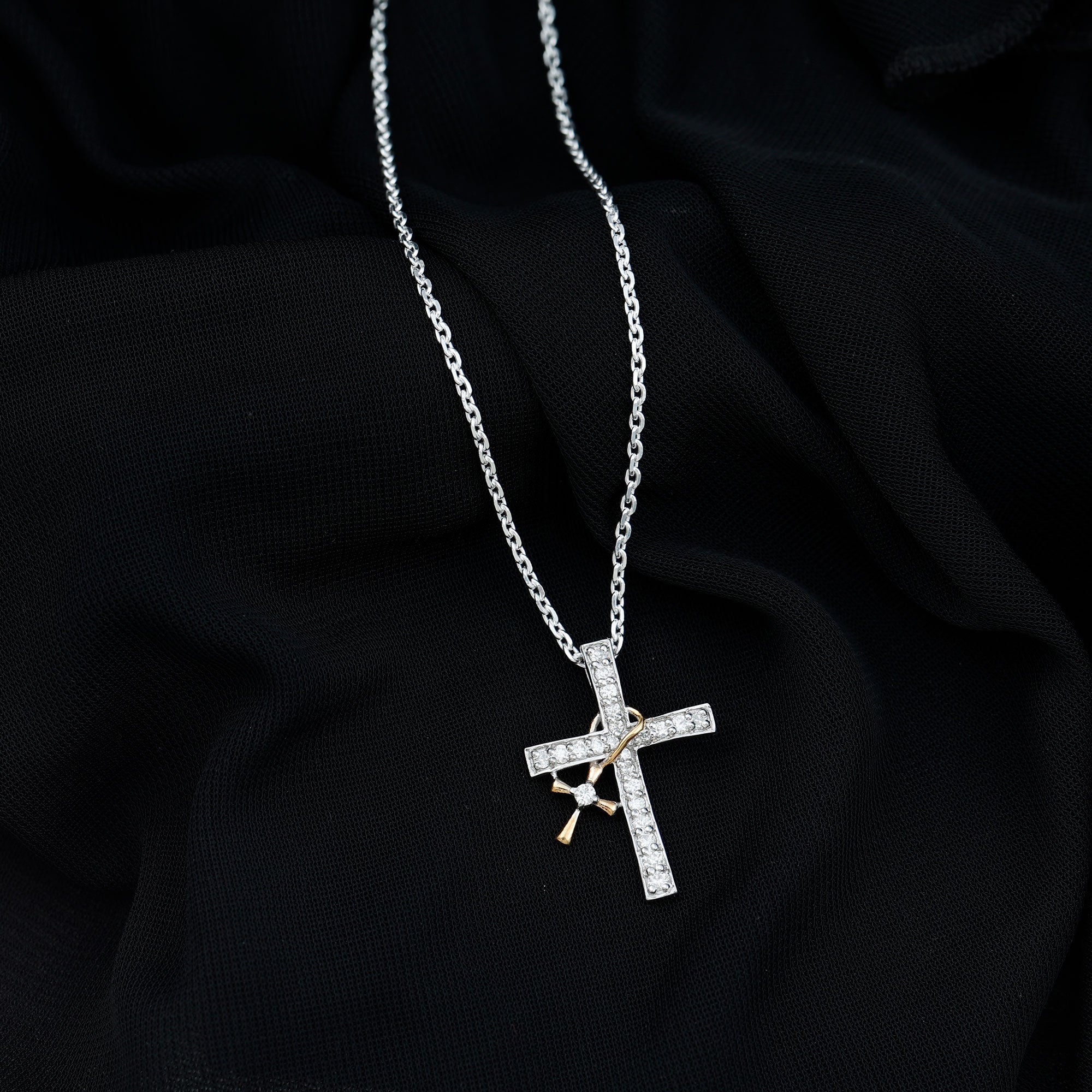 Pave Set Lab Grown Diamond Double Cross Charm Necklace Lab - ( EF-VS ) - Rosec Jewels