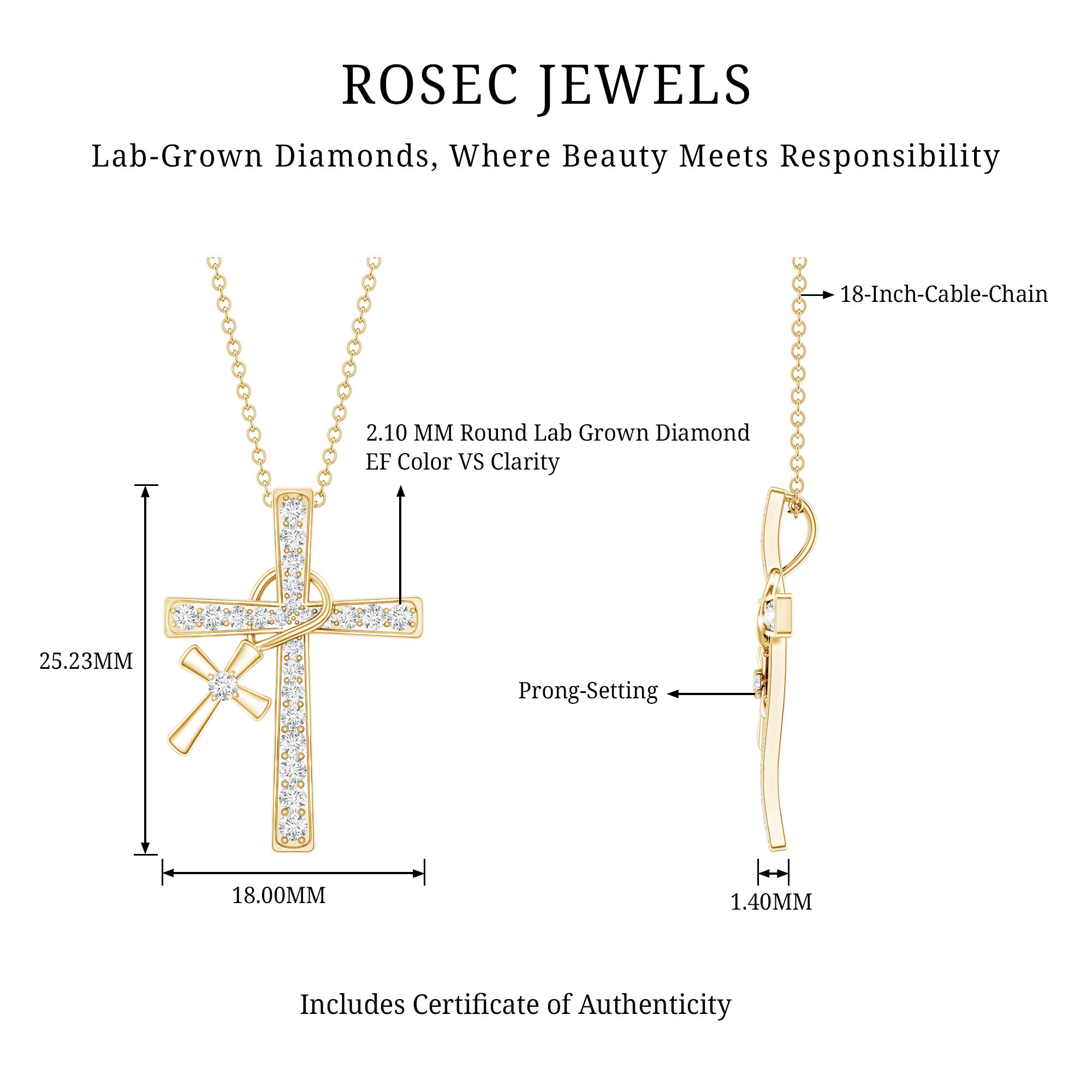 Pave Set Lab Grown Diamond Double Cross Charm Necklace Lab - ( EF-VS ) - Rosec Jewels