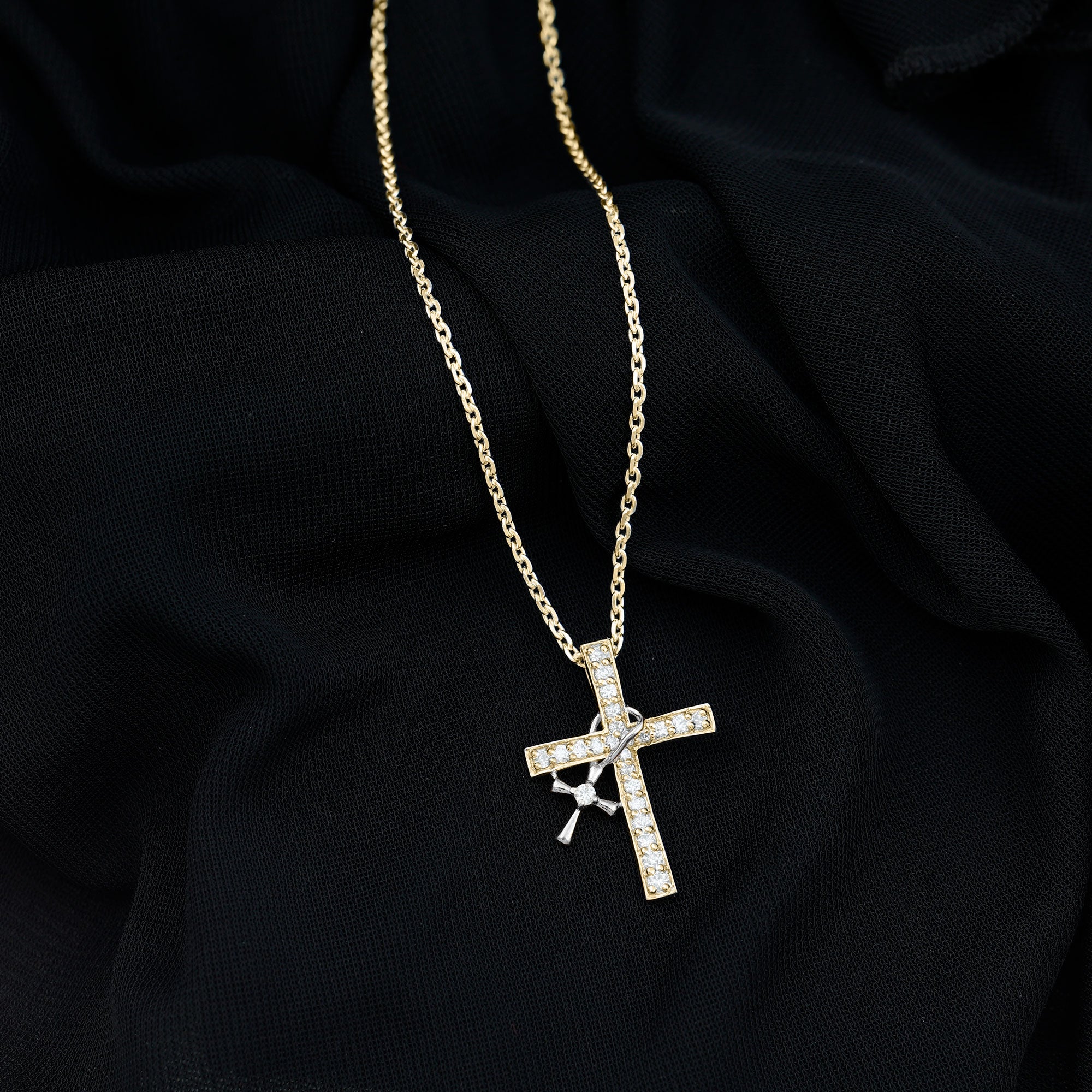 Pave Set Lab Grown Diamond Double Cross Charm Necklace Lab - ( EF-VS ) - Rosec Jewels