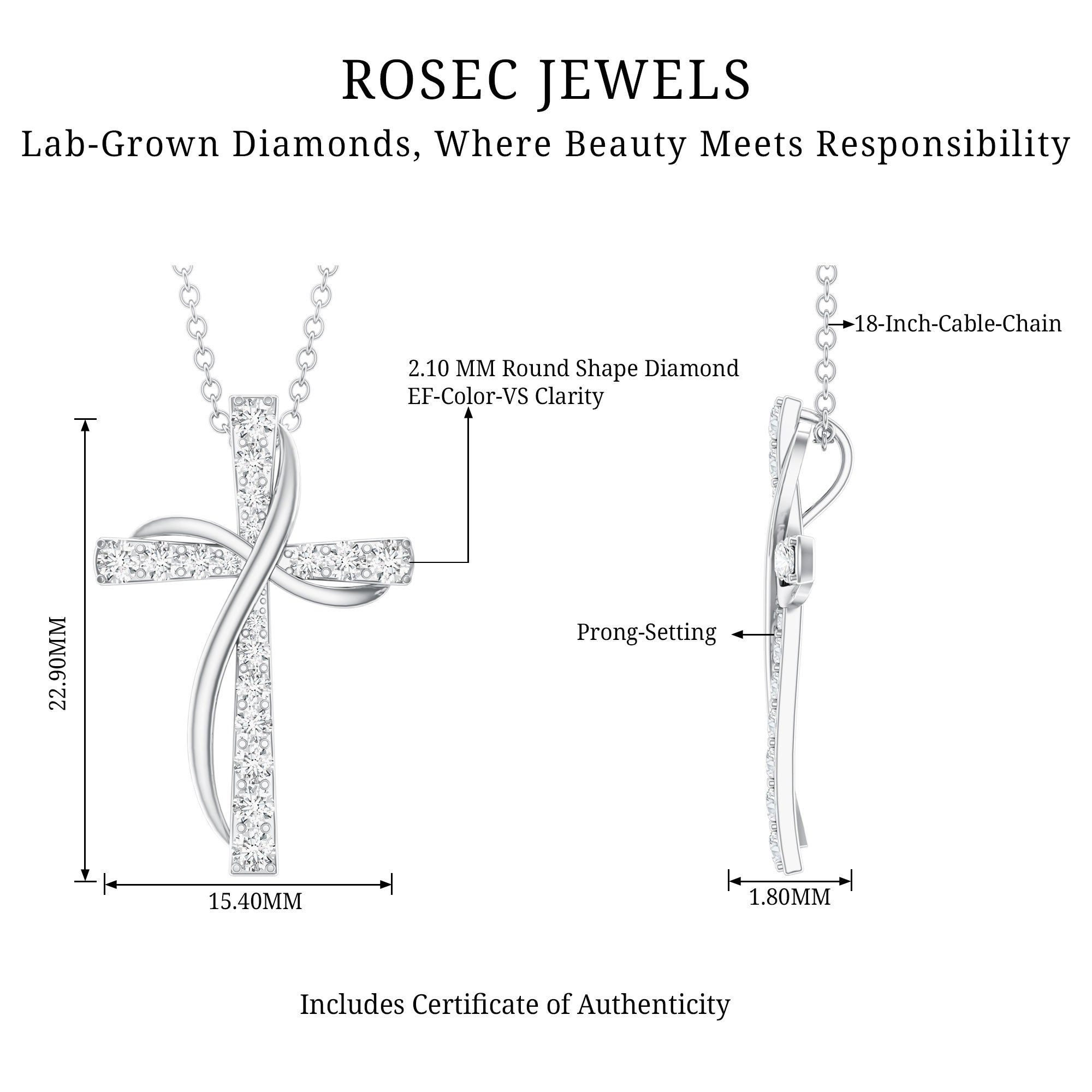 Pave Set Lab Grown Diamond Double Cross Necklace Lab - ( EF-VS ) - Rosec Jewels