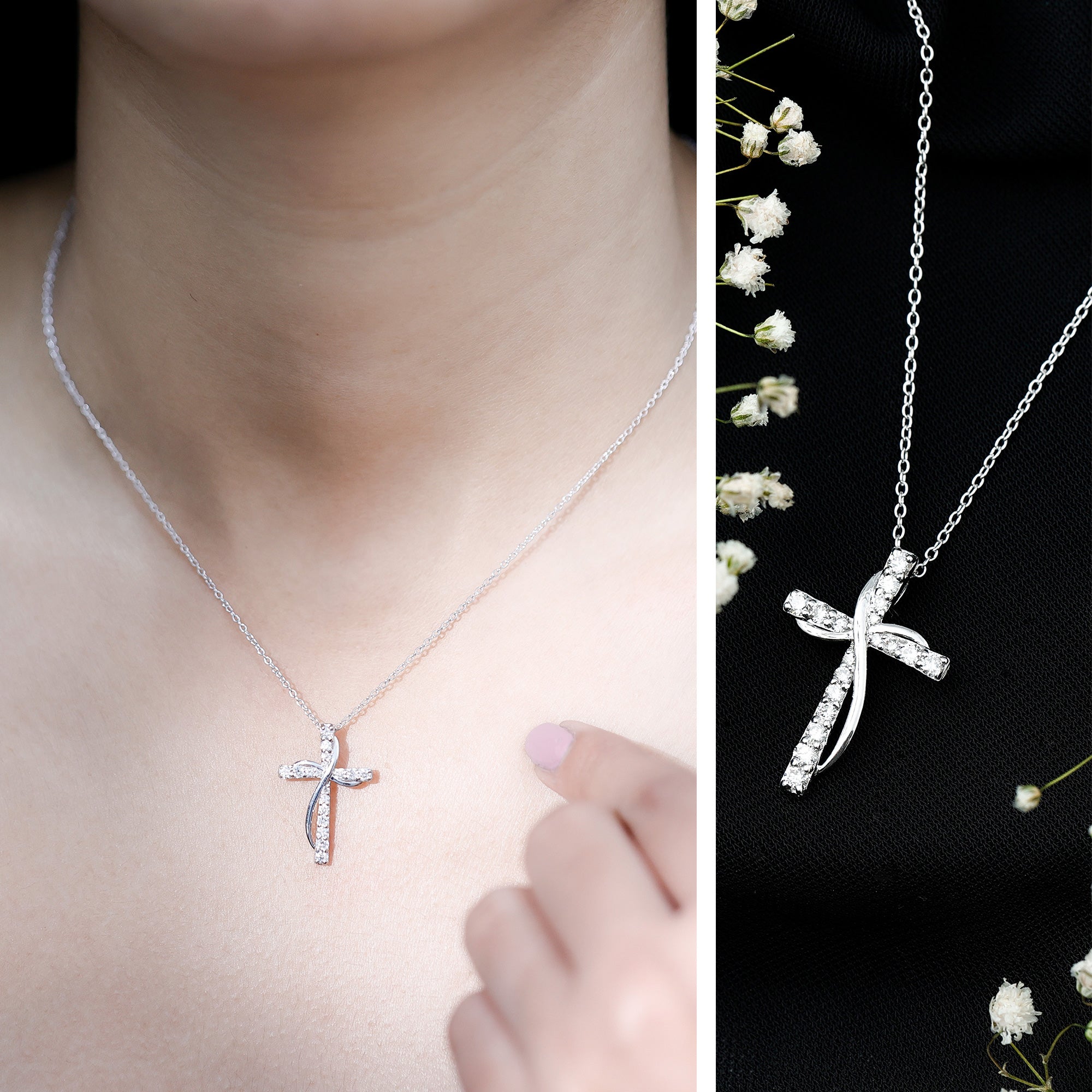 Pave Set Lab Grown Diamond Double Cross Necklace Lab - ( EF-VS ) - Rosec Jewels