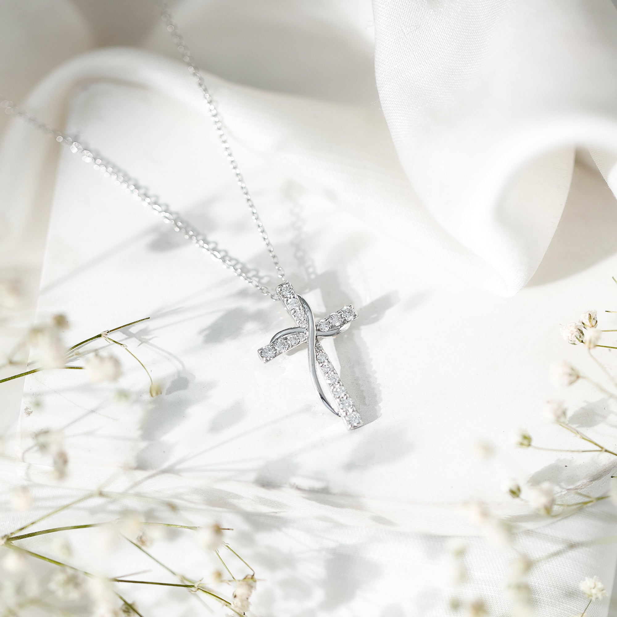 Pave Set Lab Grown Diamond Double Cross Necklace Lab - ( EF-VS ) - Rosec Jewels