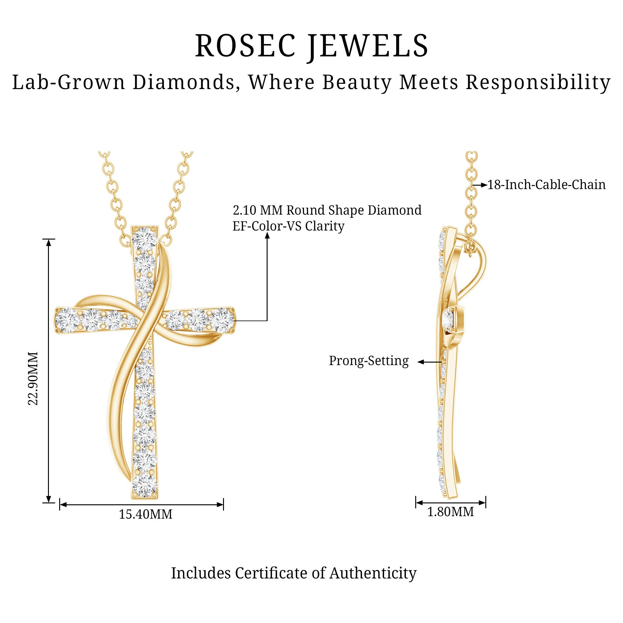Pave Set Lab Grown Diamond Double Cross Necklace Lab - ( EF-VS ) - Rosec Jewels
