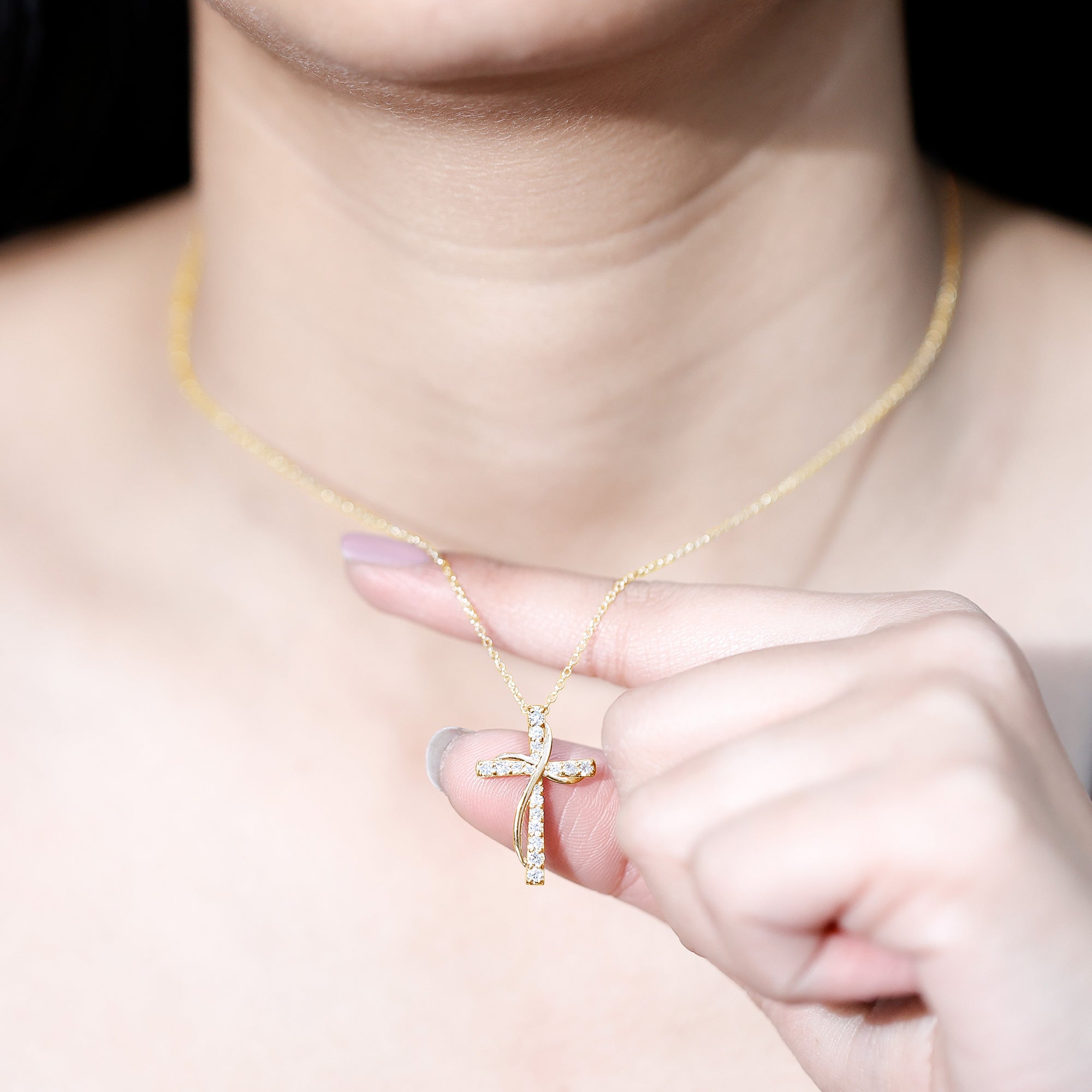 Pave Set Lab Grown Diamond Double Cross Necklace Lab - ( EF-VS ) - Rosec Jewels