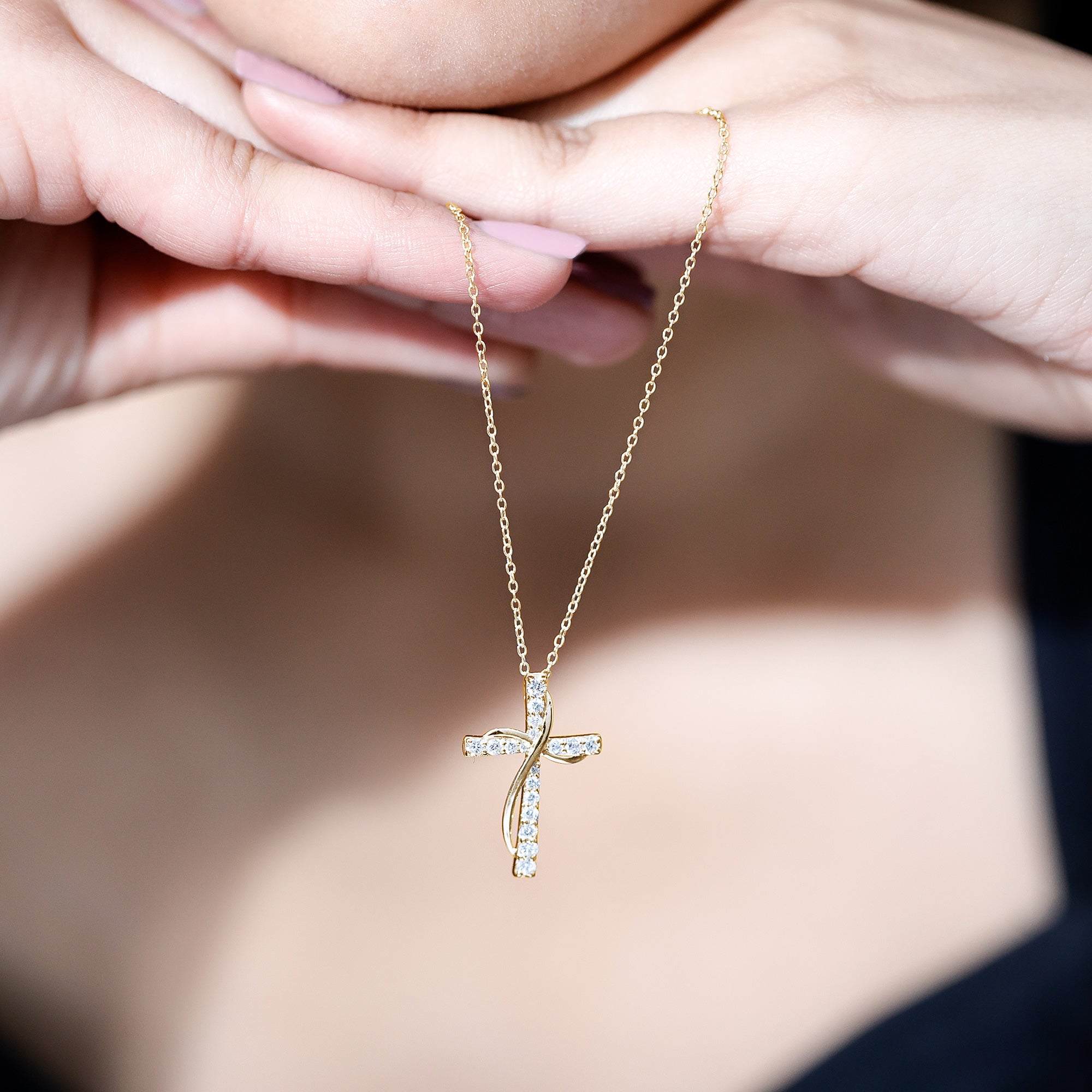Pave Set Lab Grown Diamond Double Cross Necklace Lab - ( EF-VS ) - Rosec Jewels