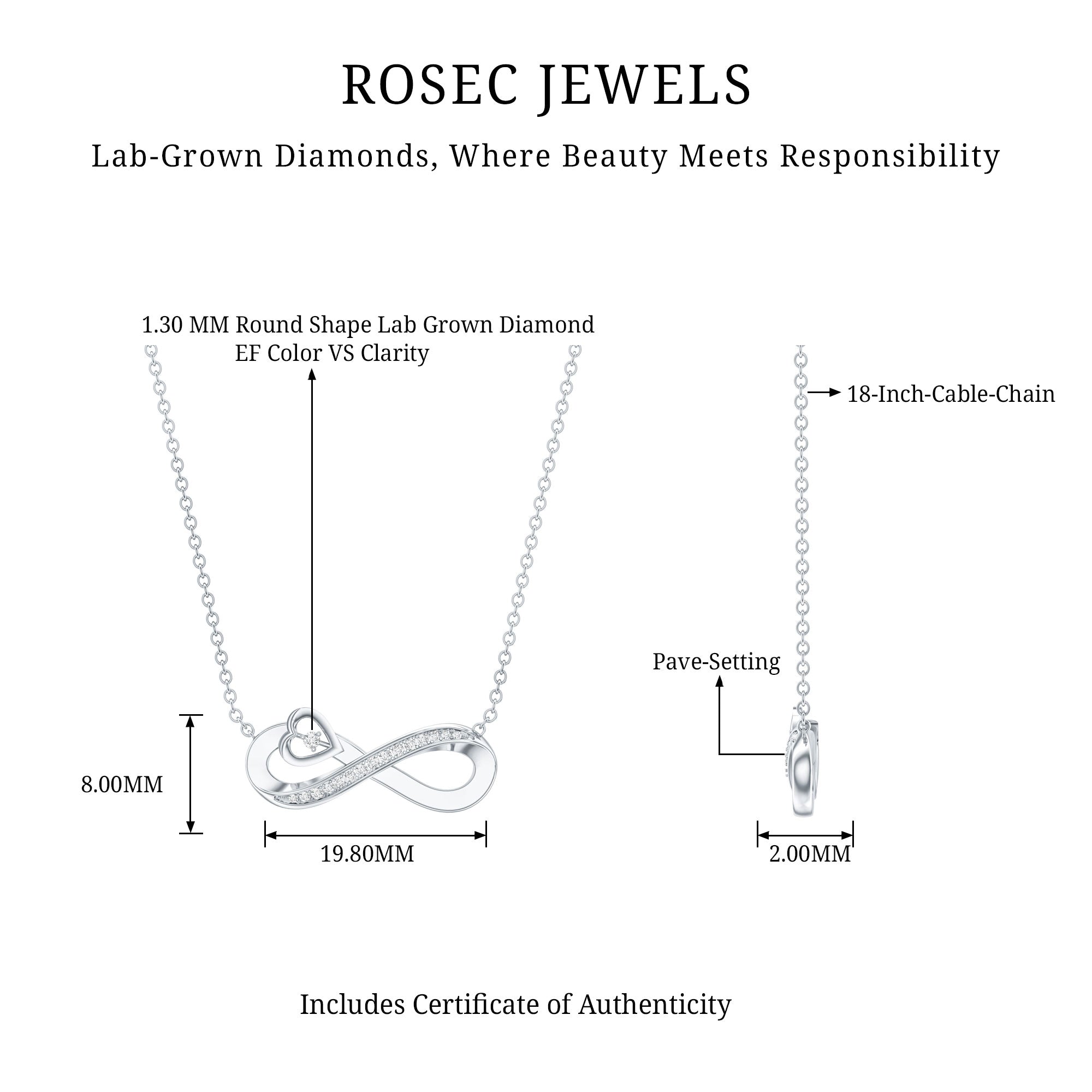Certified Lab Grown Diamond Infinity Heart Necklace Lab - ( EF-VS ) - Rosec Jewels