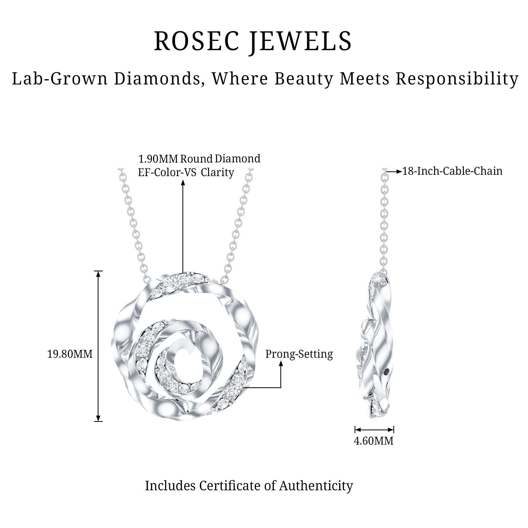 Lab Grown Diamond Pave Set Swirl Pendant Necklace Lab - ( EF-VS ) - Rosec Jewels