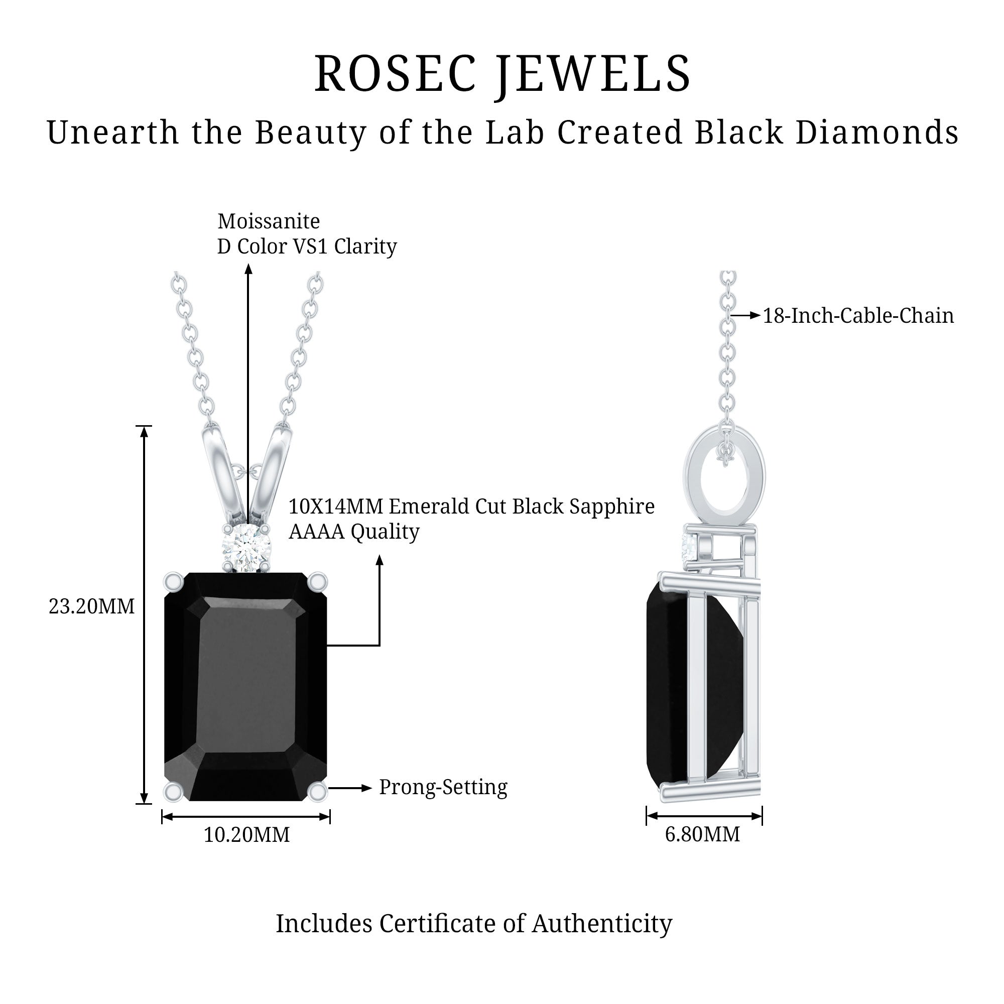 9 Carat Emerald Cut Lab Grown Black Diamond Pendant Necklace In Silver AAAA ( Synthetic ) 92.5 Sterling Silver - Rosec Jewels