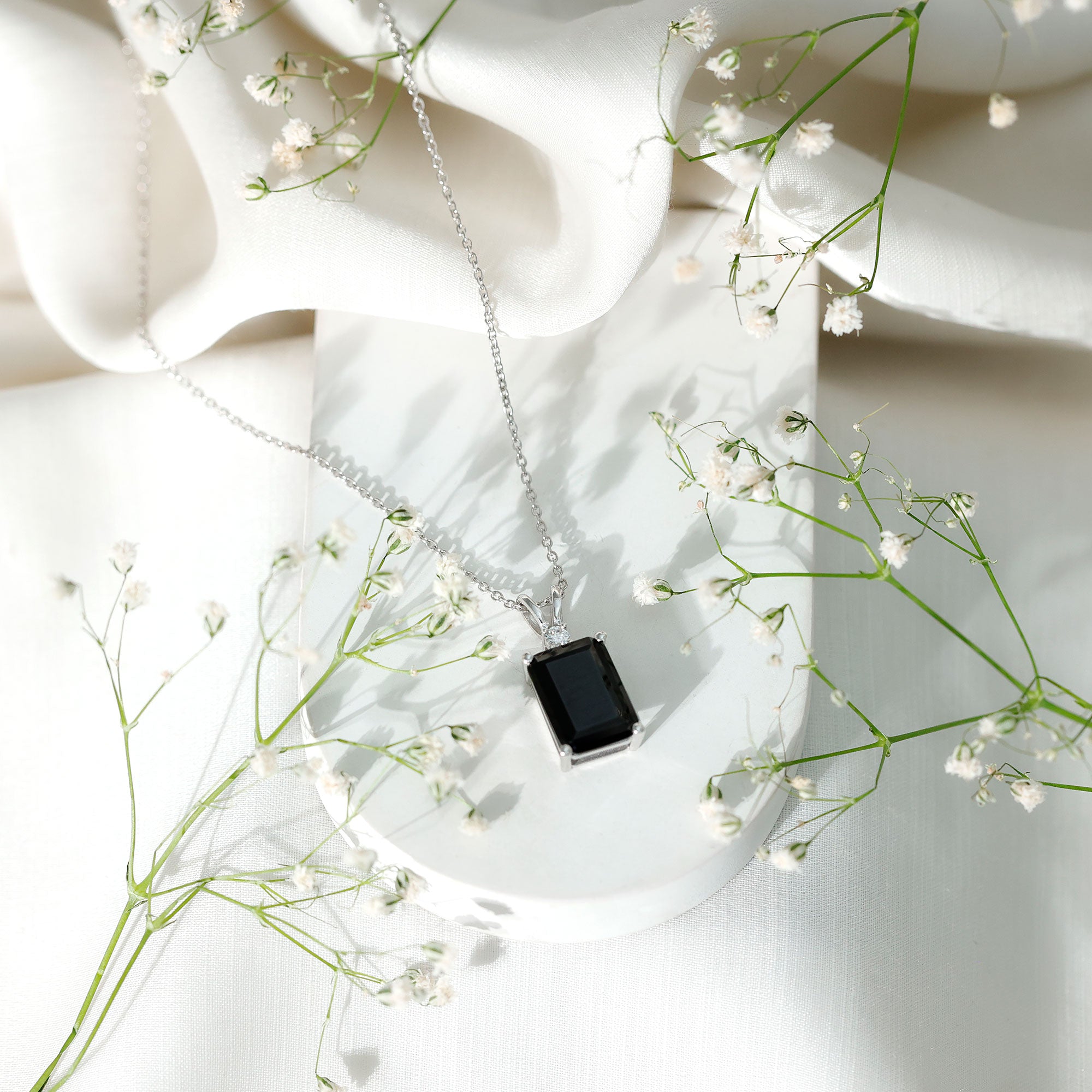 9 Carat Emerald Cut Lab Grown Black Diamond Pendant Necklace In Silver AAAA ( Synthetic ) 92.5 Sterling Silver - Rosec Jewels