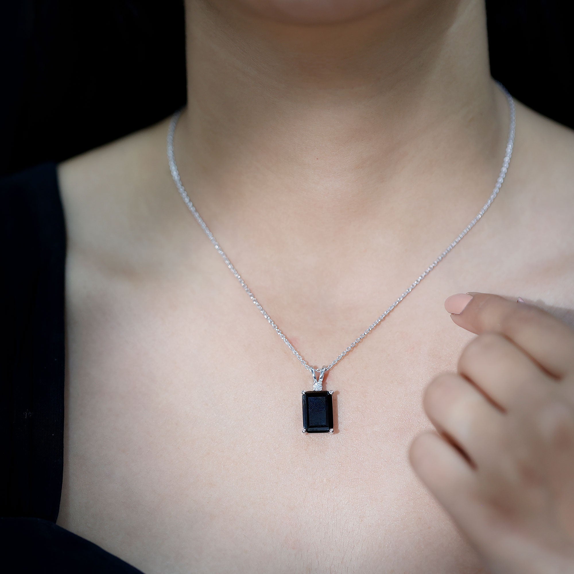 9 Carat Emerald Cut Lab Grown Black Diamond Pendant Necklace In Silver AAAA ( Synthetic ) 92.5 Sterling Silver - Rosec Jewels