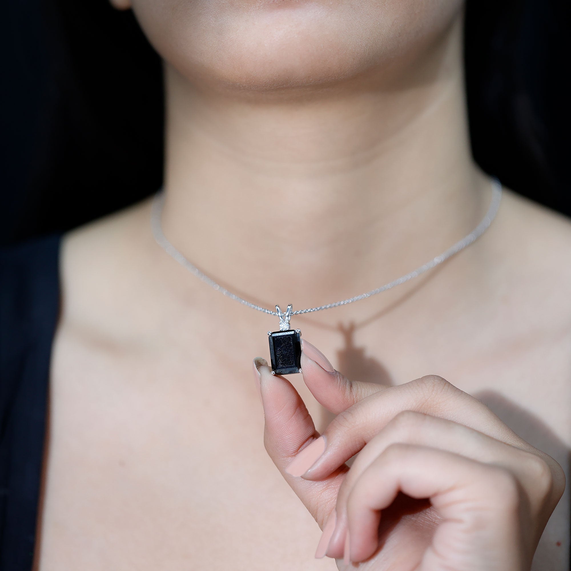 9 Carat Emerald Cut Lab Grown Black Diamond Pendant Necklace In Silver AAAA ( Synthetic ) 92.5 Sterling Silver - Rosec Jewels