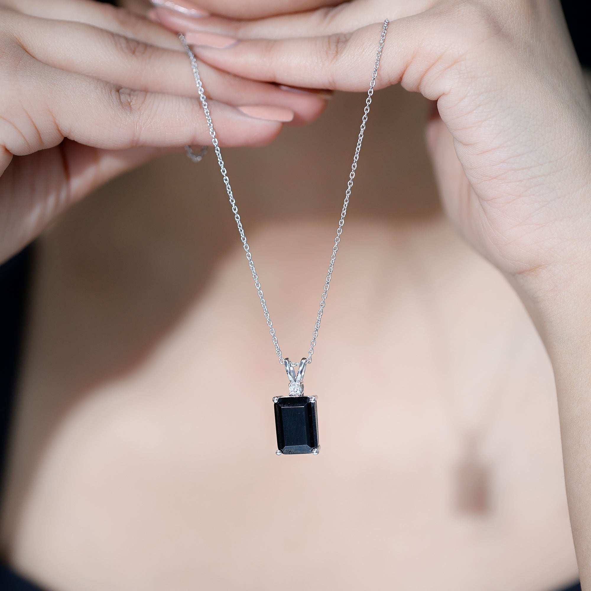 9 Carat Emerald Cut Lab Grown Black Diamond Pendant Necklace In Silver AAAA ( Synthetic ) 92.5 Sterling Silver - Rosec Jewels