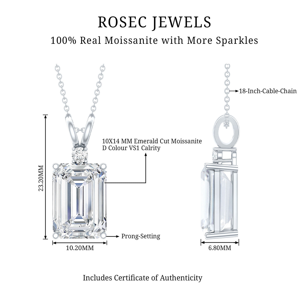 4.5 Carat Moissanite Emerald Cut Necklace With Silver Chain D-VS1 92.5 Sterling Silver - Rosec Jewels