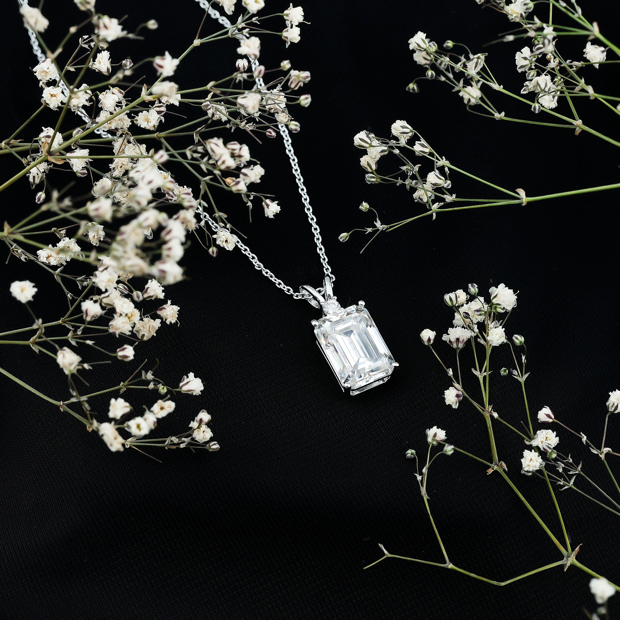 4.5 Carat Moissanite Emerald Cut Necklace With Silver Chain D-VS1 92.5 Sterling Silver - Rosec Jewels