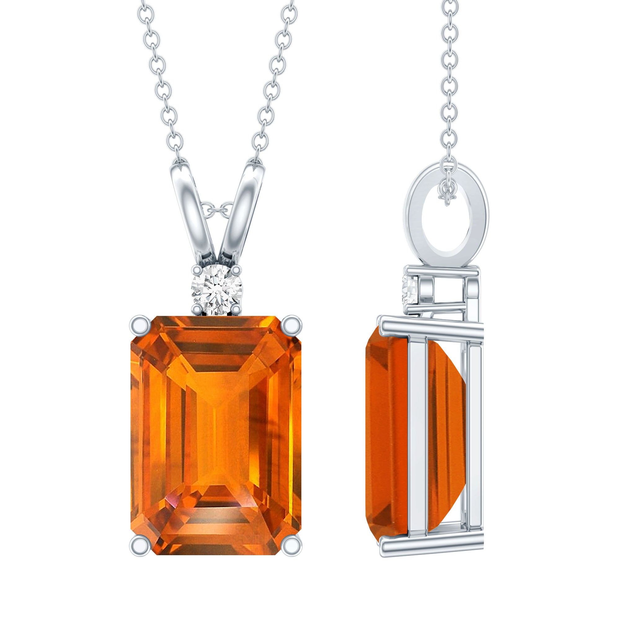Certified 9 Carat Lab Grown Orange Sapphire Emerald Cut Necklace With Silver Chain AAAA 92.5 Sterling Silver - Rosec Jewels