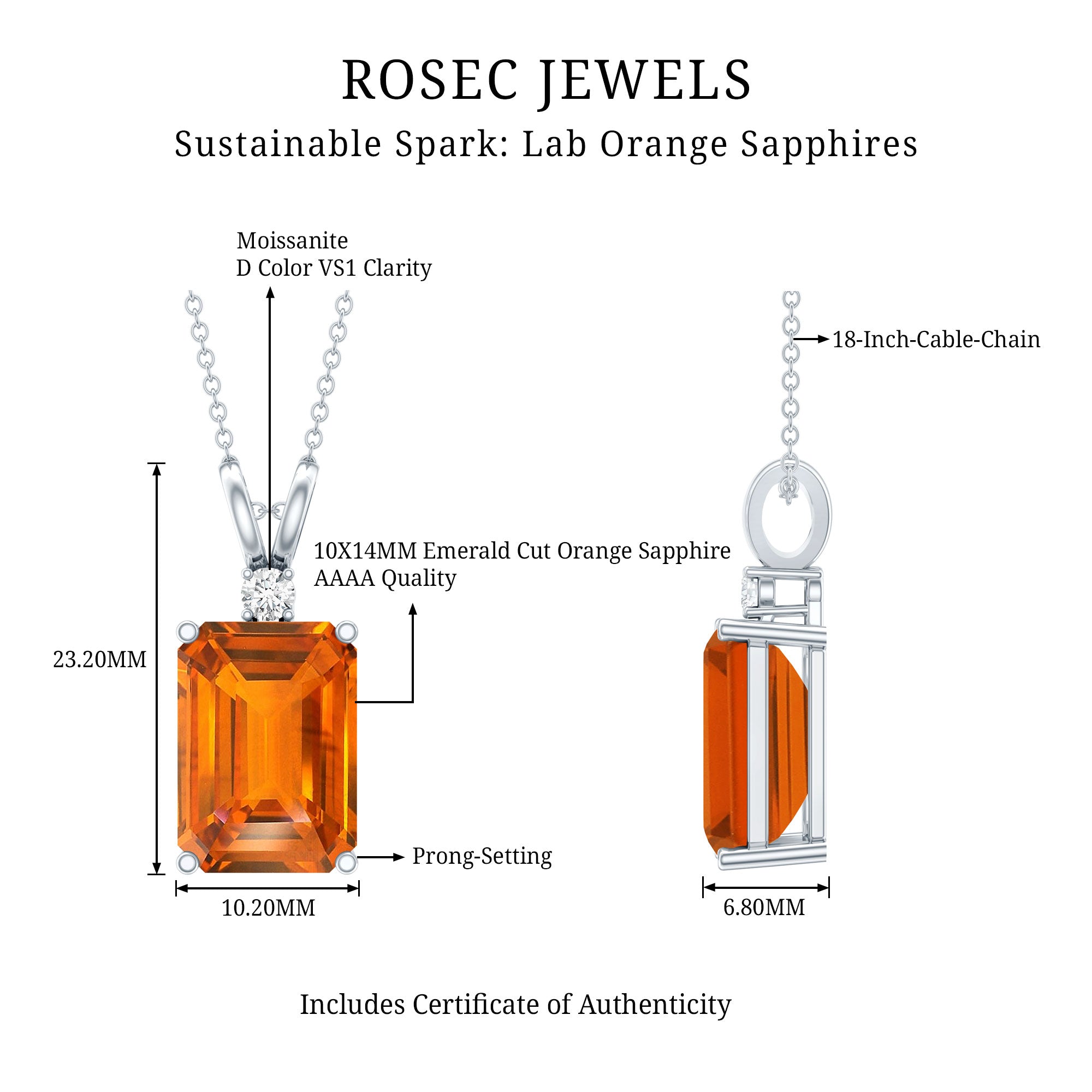 Certified 9 Carat Lab Grown Orange Sapphire Emerald Cut Necklace With Silver Chain AAAA 92.5 Sterling Silver - Rosec Jewels