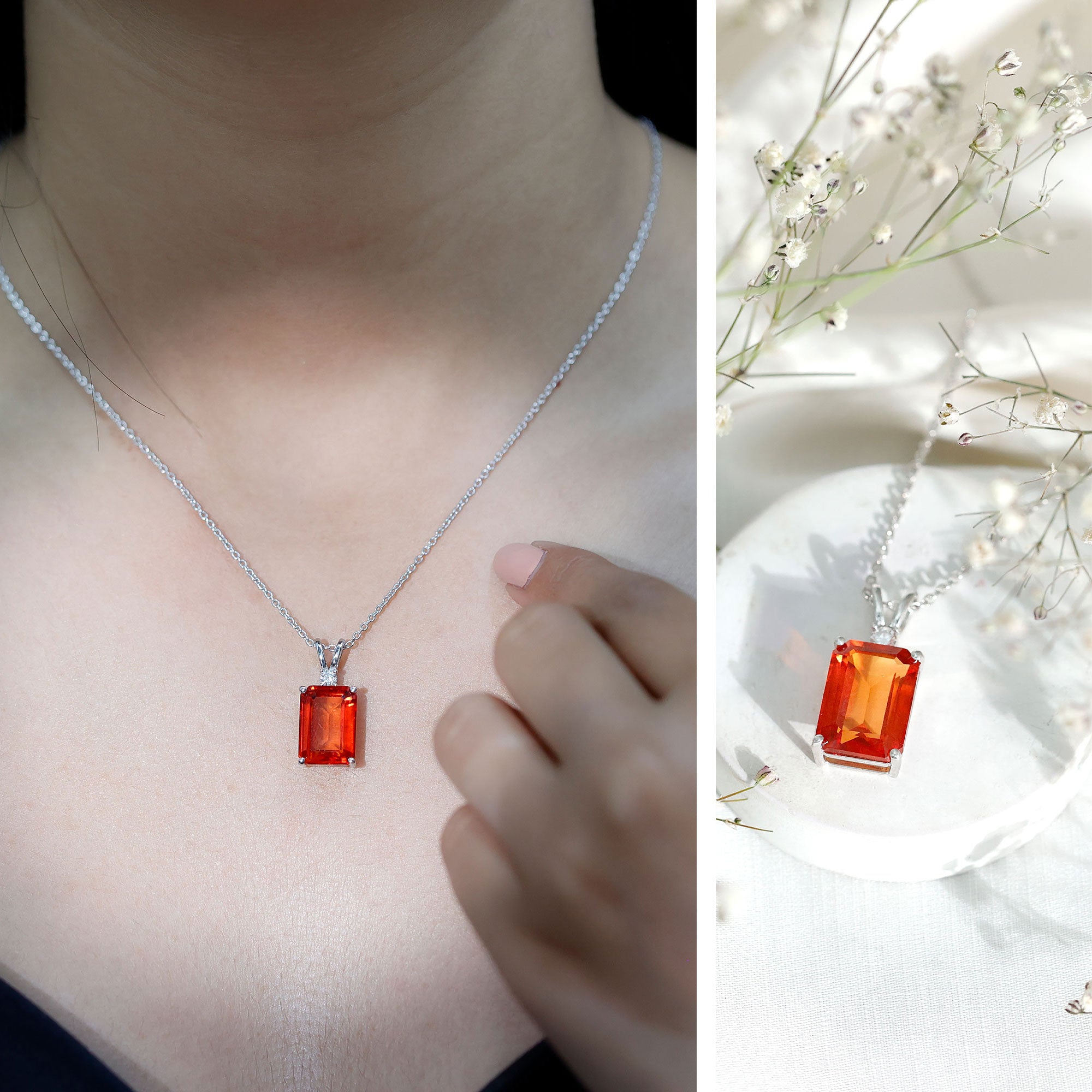 Certified 9 Carat Lab Grown Orange Sapphire Emerald Cut Necklace With Silver Chain AAAA 92.5 Sterling Silver - Rosec Jewels