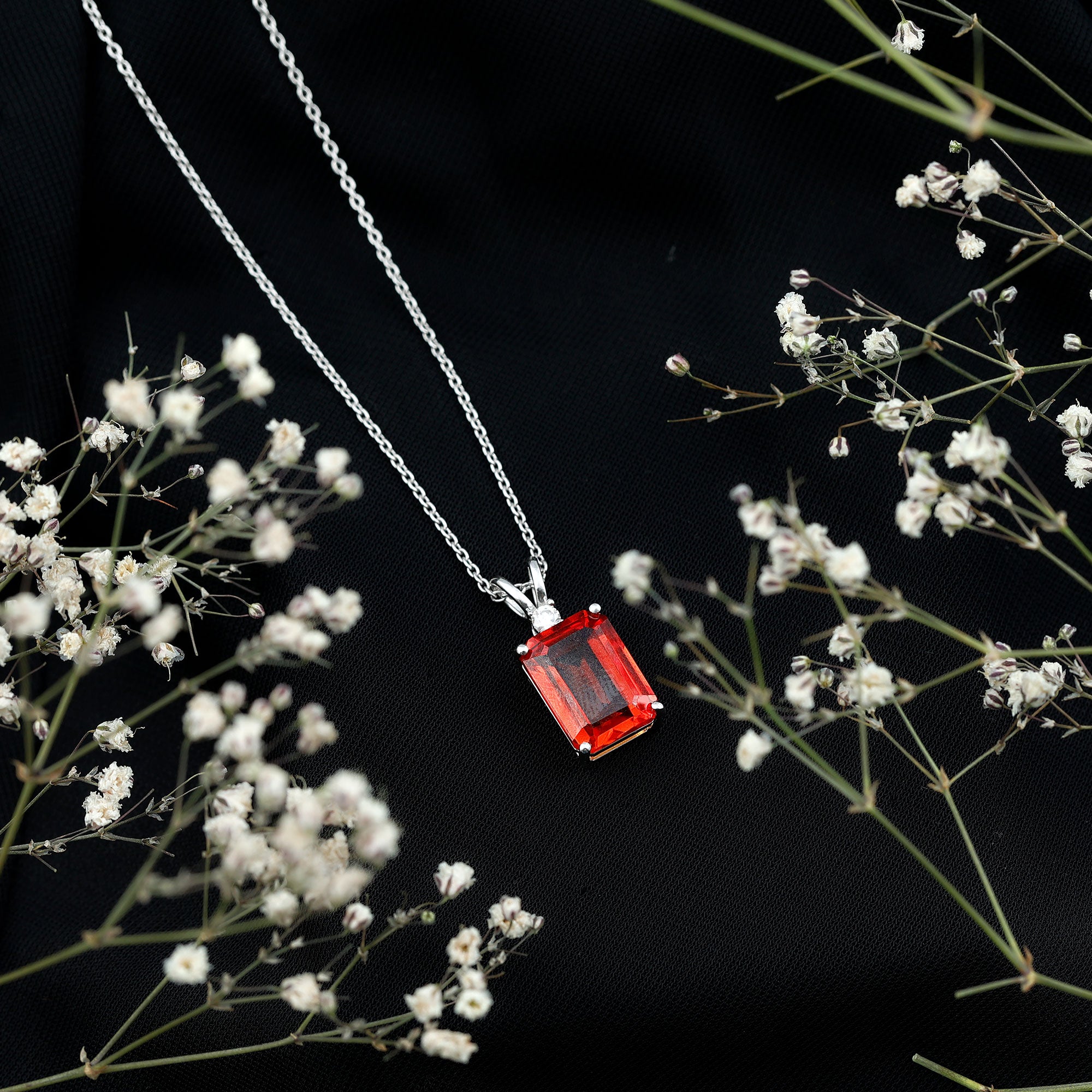 Certified 9 Carat Lab Grown Orange Sapphire Emerald Cut Necklace With Silver Chain AAAA 92.5 Sterling Silver - Rosec Jewels