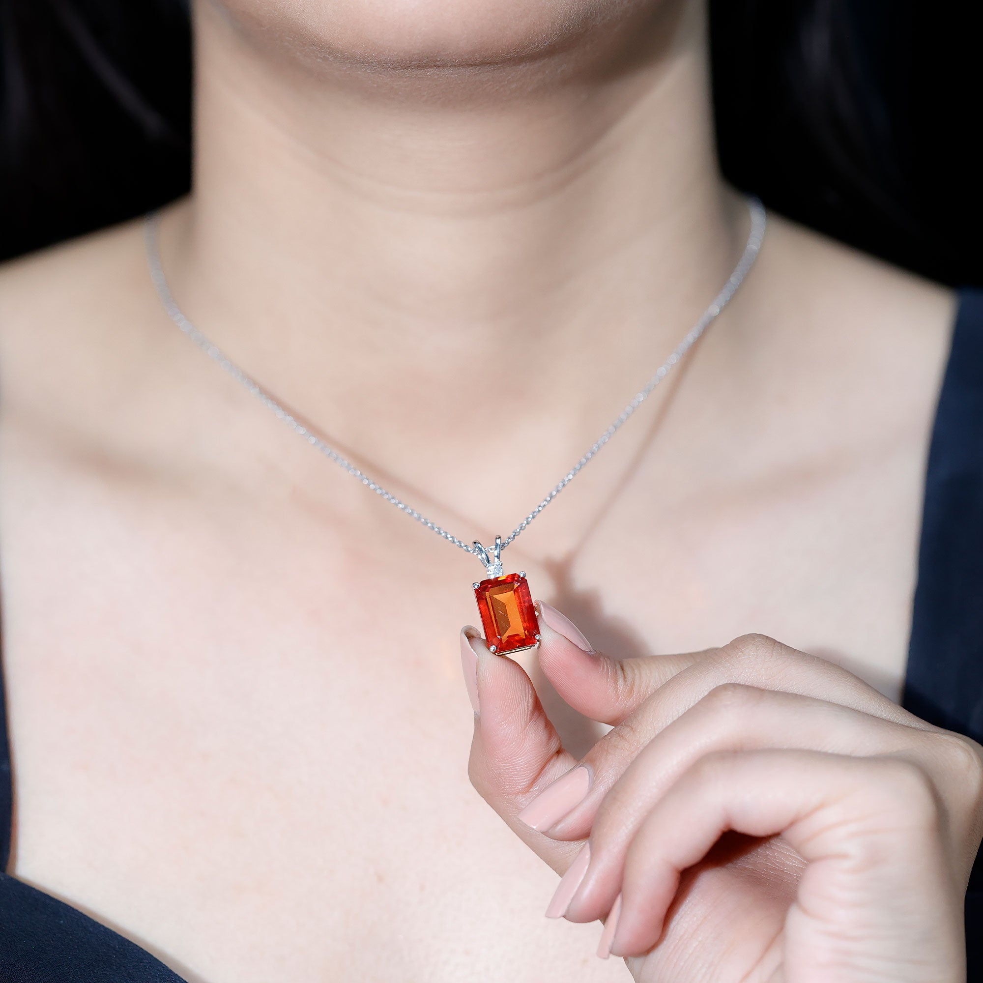Certified 9 Carat Lab Grown Orange Sapphire Emerald Cut Necklace With Silver Chain AAAA 92.5 Sterling Silver - Rosec Jewels