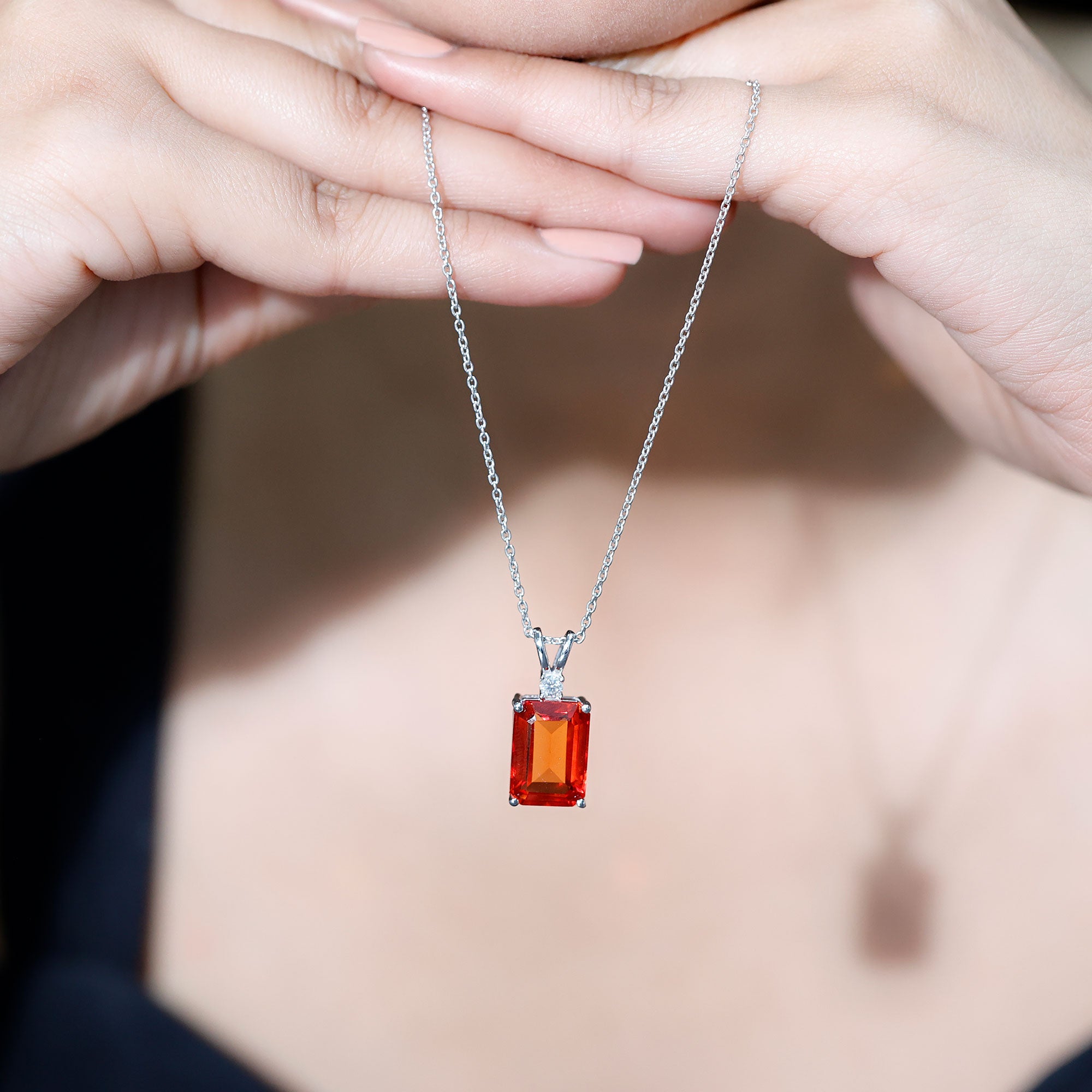 Certified 9 Carat Lab Grown Orange Sapphire Emerald Cut Necklace With Silver Chain AAAA 92.5 Sterling Silver - Rosec Jewels