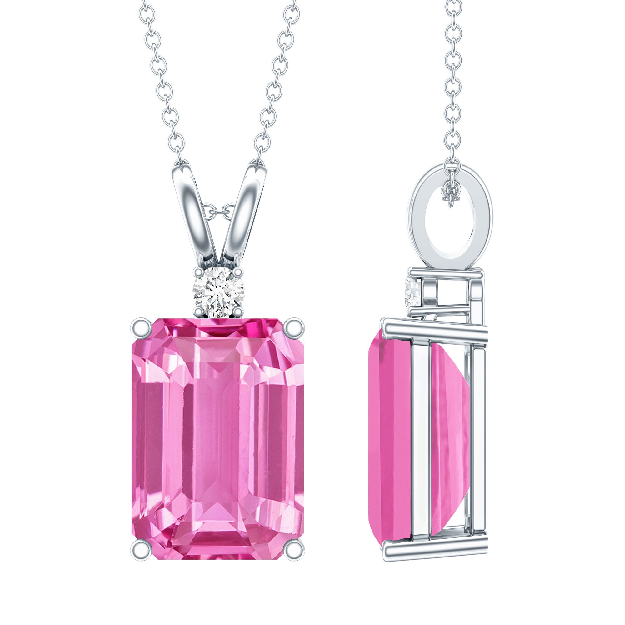 9 Carat Lab Grown Pink Sapphire Emerald Cut Necklace With Silver Chain AAAA 92.5 Sterling Silver - Rosec Jewels