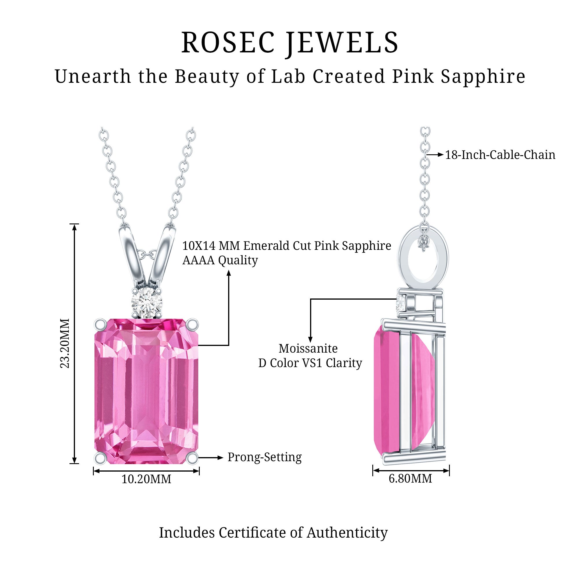 9 Carat Lab Grown Pink Sapphire Emerald Cut Necklace With Silver Chain AAAA 92.5 Sterling Silver - Rosec Jewels