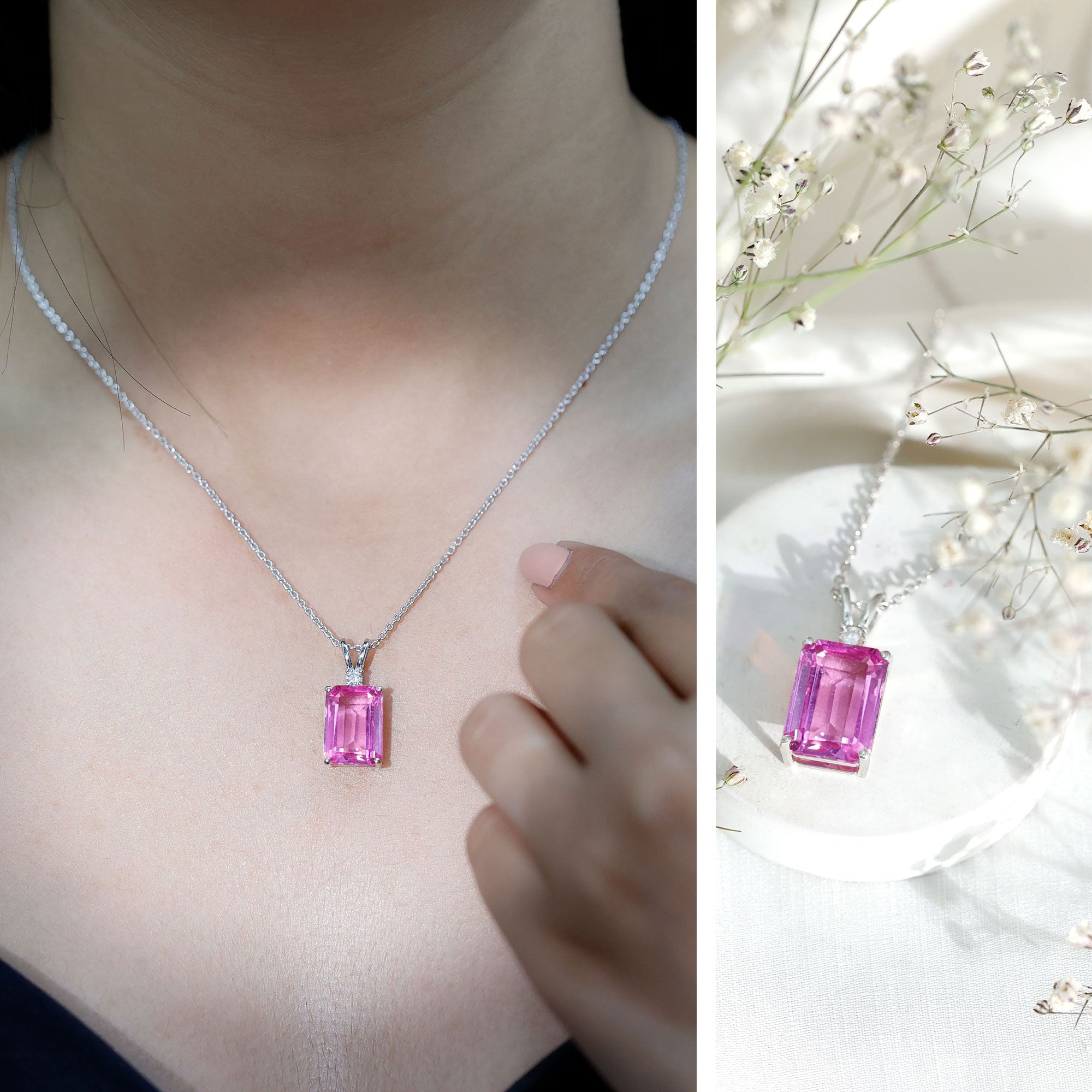 9 Carat Lab Grown Pink Sapphire Emerald Cut Necklace With Silver Chain AAAA 92.5 Sterling Silver - Rosec Jewels