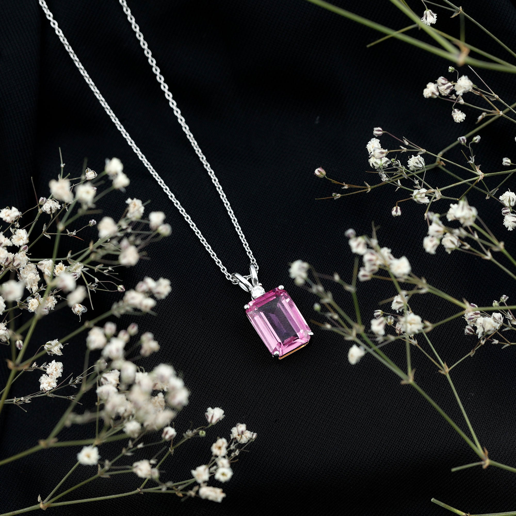 9 Carat Lab Grown Pink Sapphire Emerald Cut Necklace With Silver Chain AAAA 92.5 Sterling Silver - Rosec Jewels