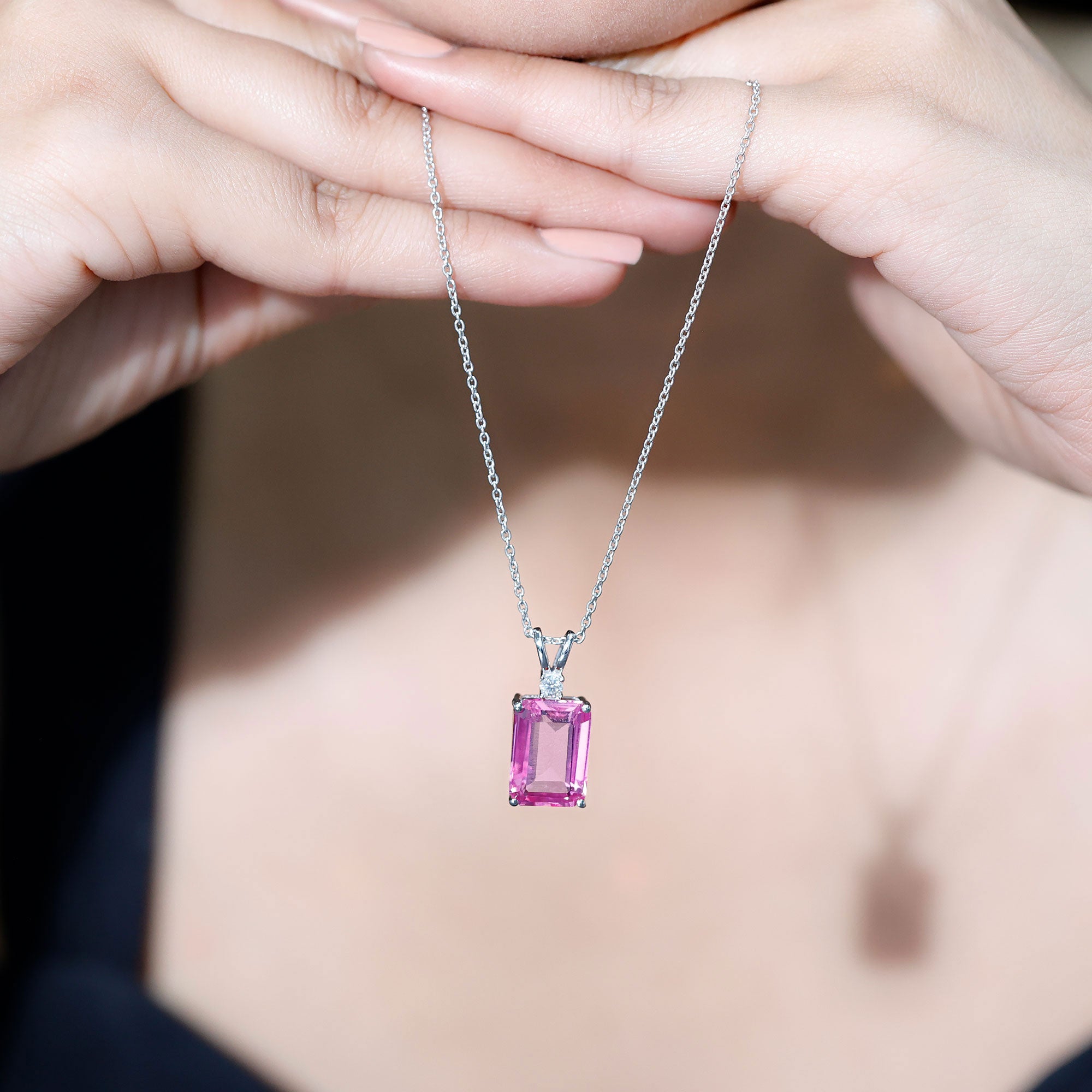9 Carat Lab Grown Pink Sapphire Emerald Cut Necklace With Silver Chain AAAA 92.5 Sterling Silver - Rosec Jewels
