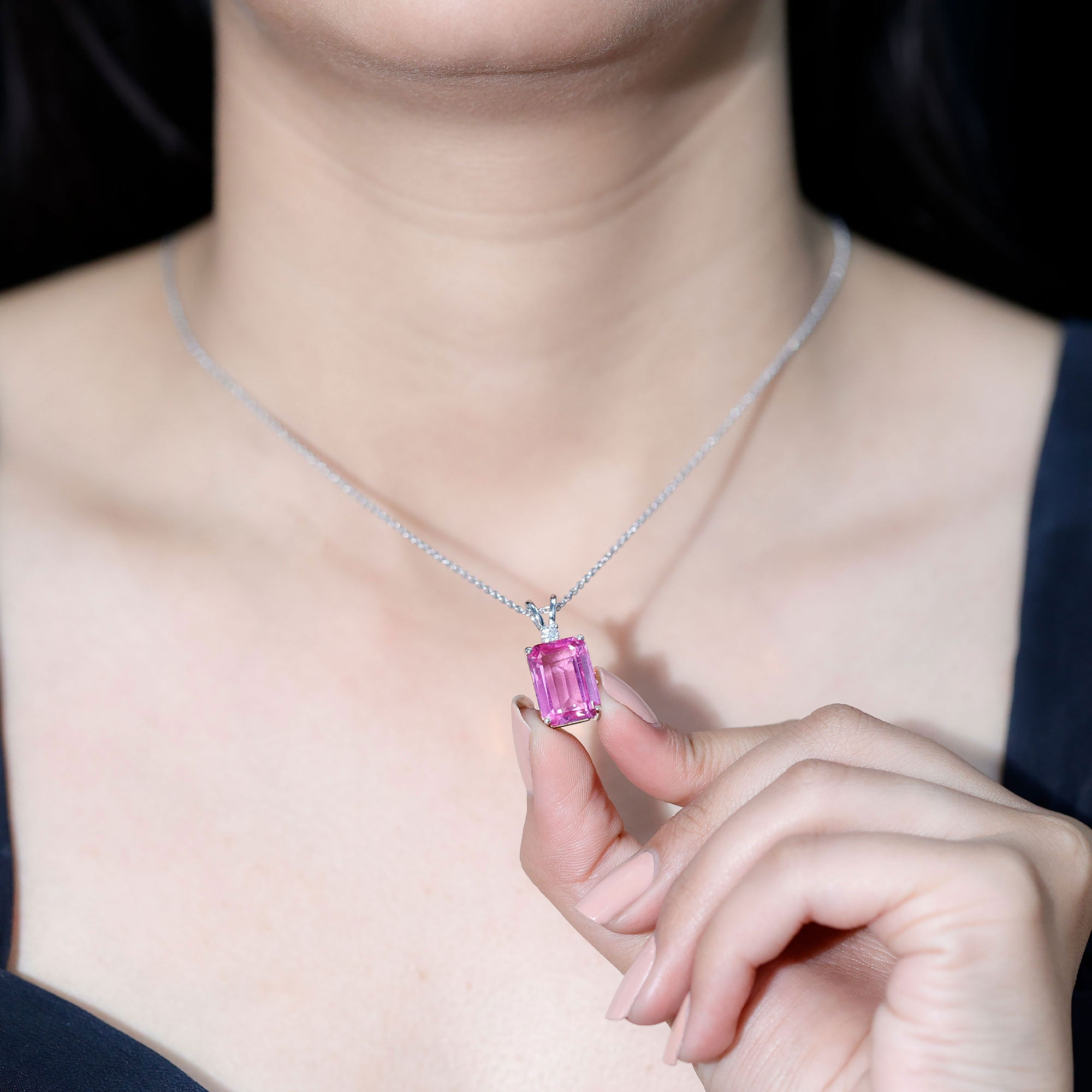 9 Carat Lab Grown Pink Sapphire Emerald Cut Necklace With Silver Chain AAAA 92.5 Sterling Silver - Rosec Jewels