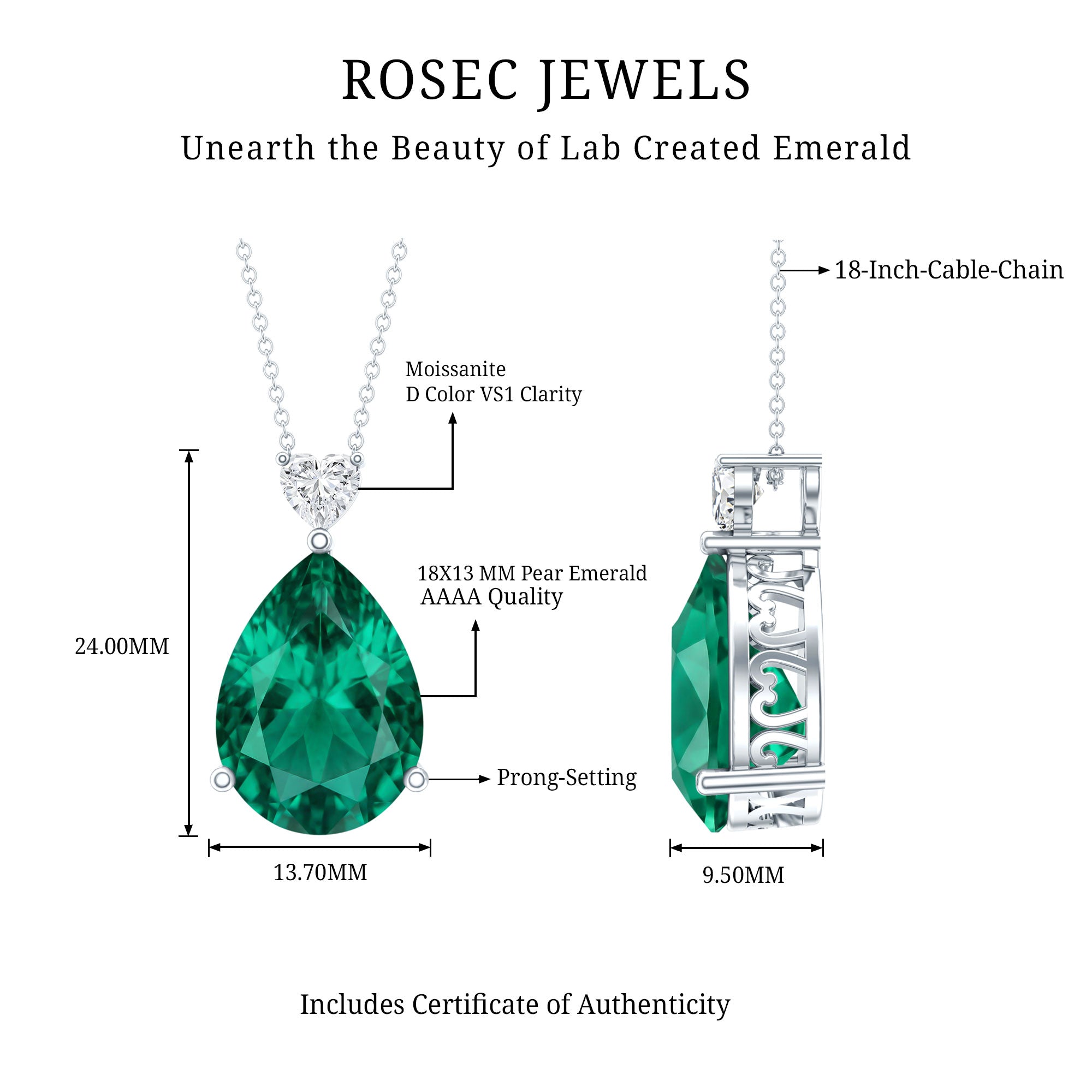 9 Carat Lab Grown Emerald Statement Necklace with Chain AAAA 92.5 Sterling Silver - Rosec Jewels