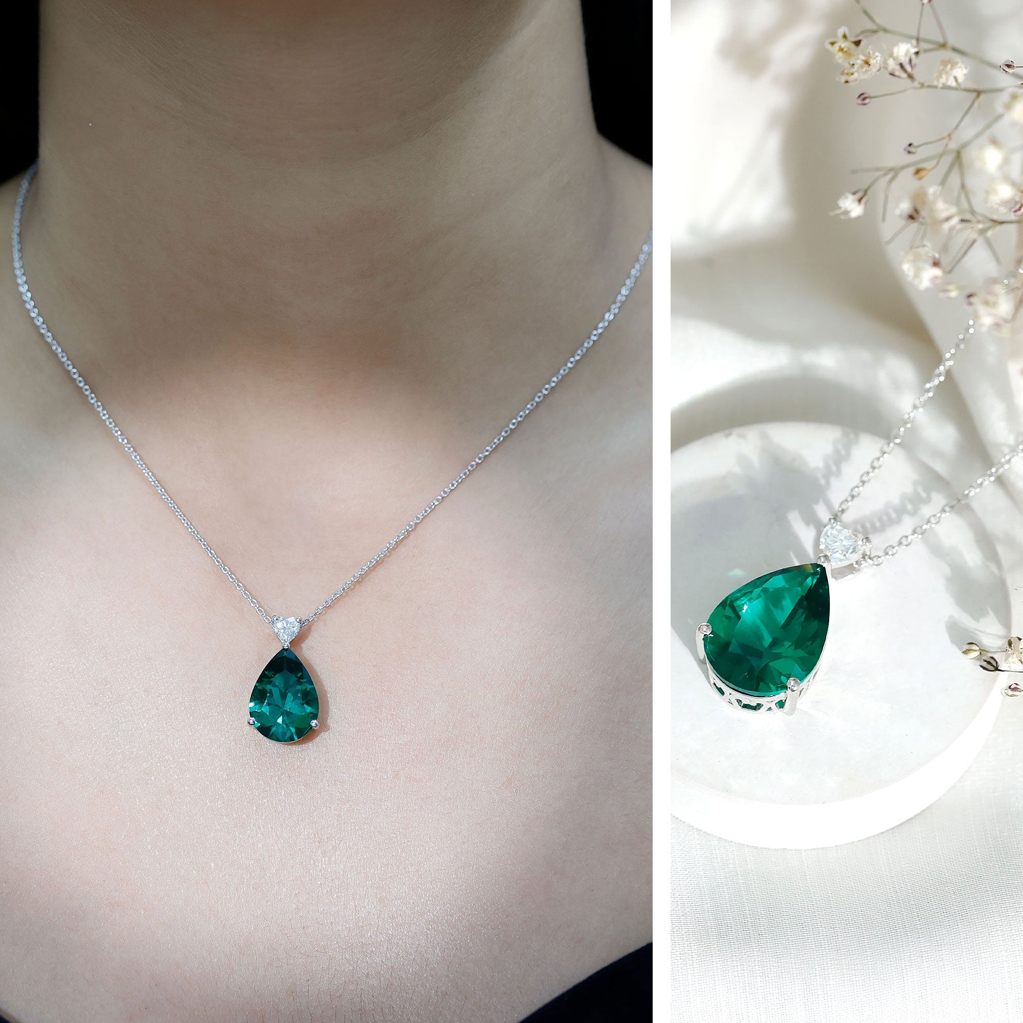 9 Carat Lab Grown Emerald Statement Necklace with Chain AAAA 92.5 Sterling Silver - Rosec Jewels
