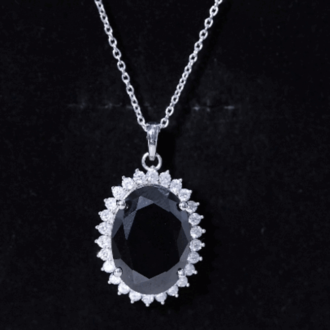 Certified 14 Carat Oval Lab Grown Black Diamond Cocktail Necklace With Silver Chain AAAA ( Synthetic ) 92.5 Sterling Silver - Rosec Jewels