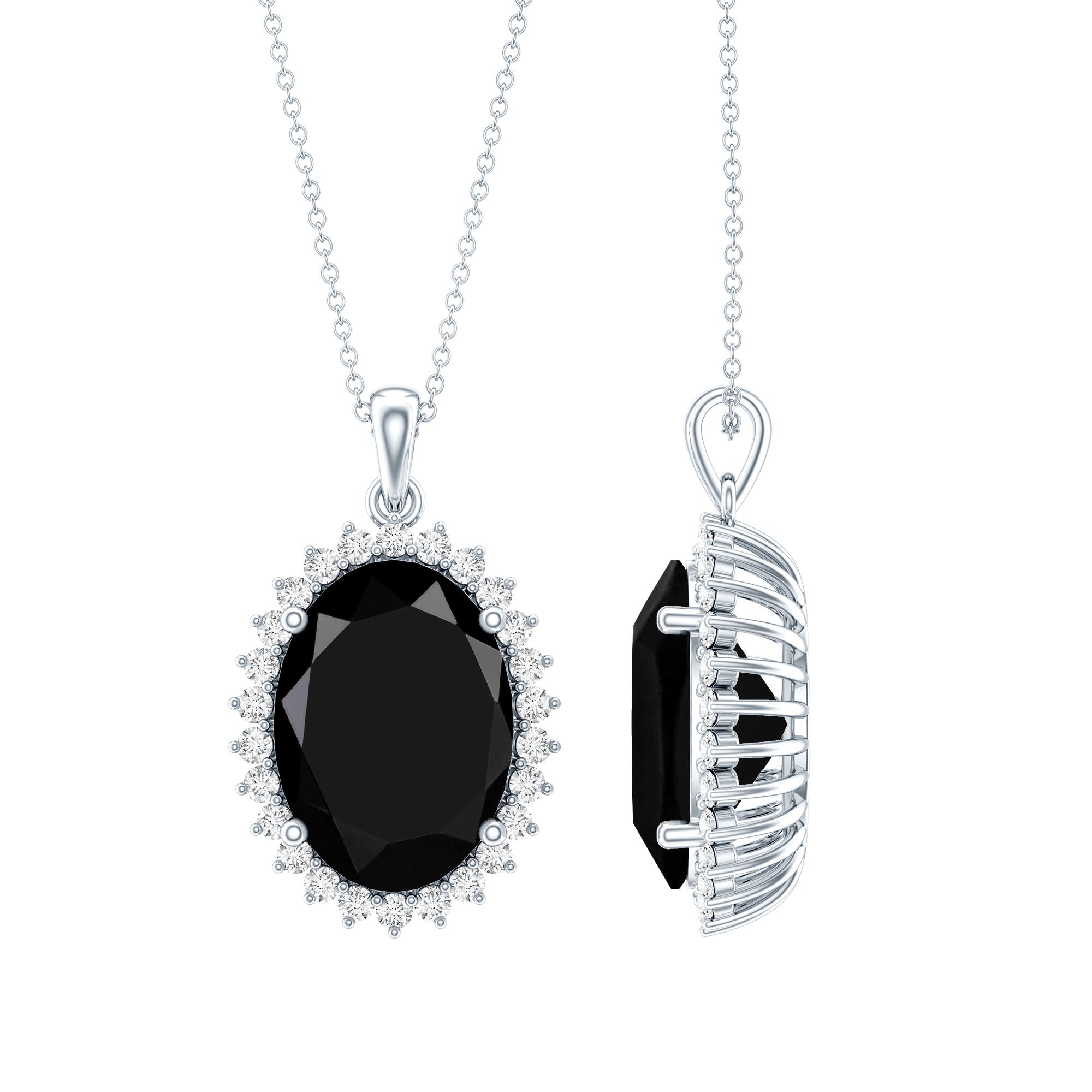 Certified 14 Carat Oval Lab Grown Black Diamond Cocktail Necklace With Silver Chain AAAA ( Synthetic ) 92.5 Sterling Silver - Rosec Jewels