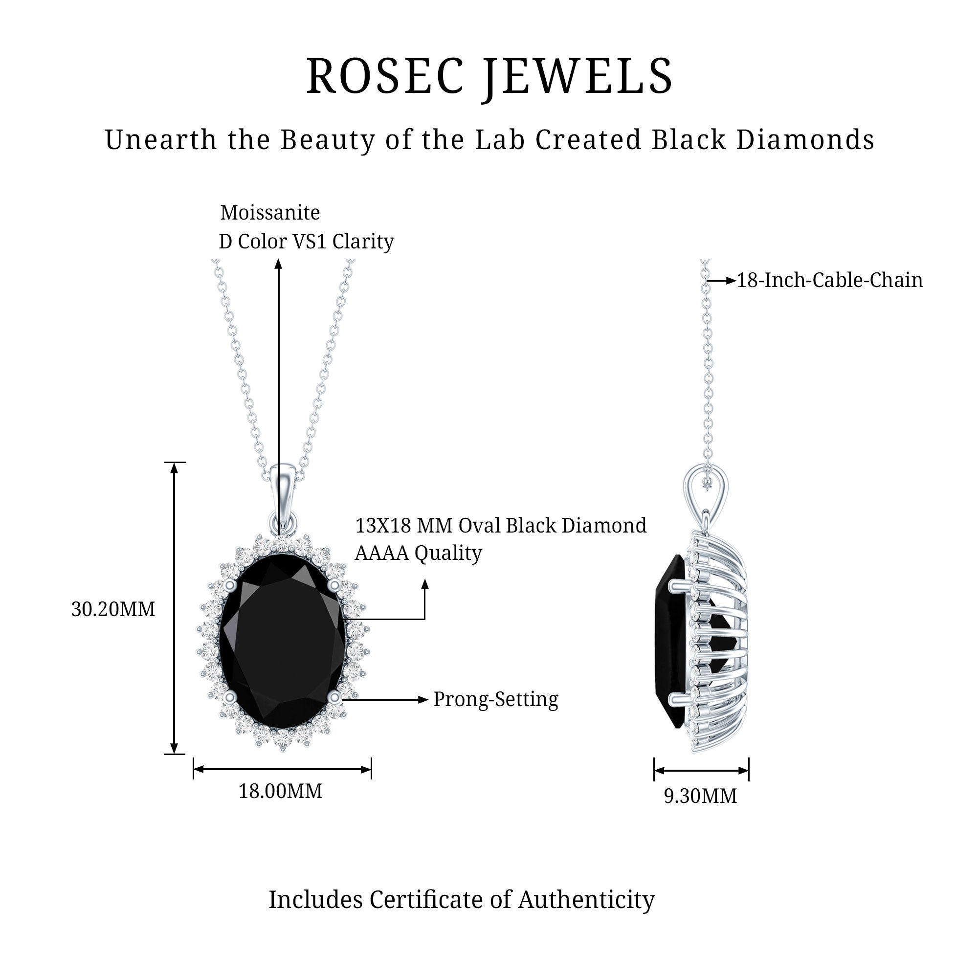 Certified 14 Carat Oval Lab Grown Black Diamond Cocktail Necklace With Silver Chain AAAA ( Synthetic ) 92.5 Sterling Silver - Rosec Jewels