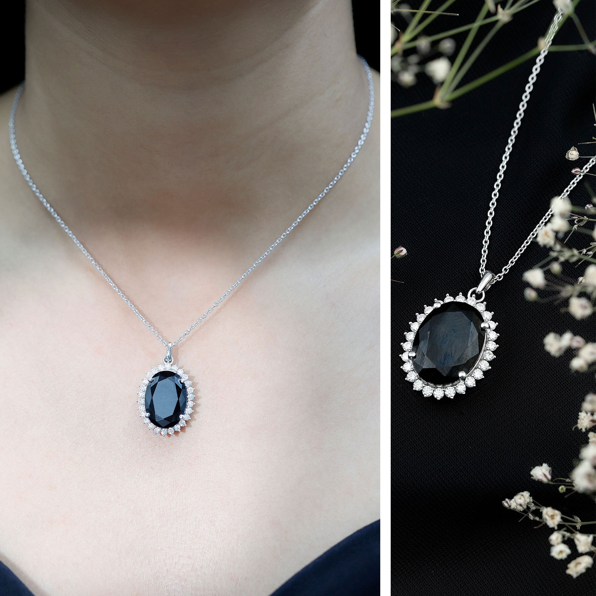 Certified 14 Carat Oval Lab Grown Black Diamond Cocktail Necklace With Silver Chain AAAA ( Synthetic ) 92.5 Sterling Silver - Rosec Jewels